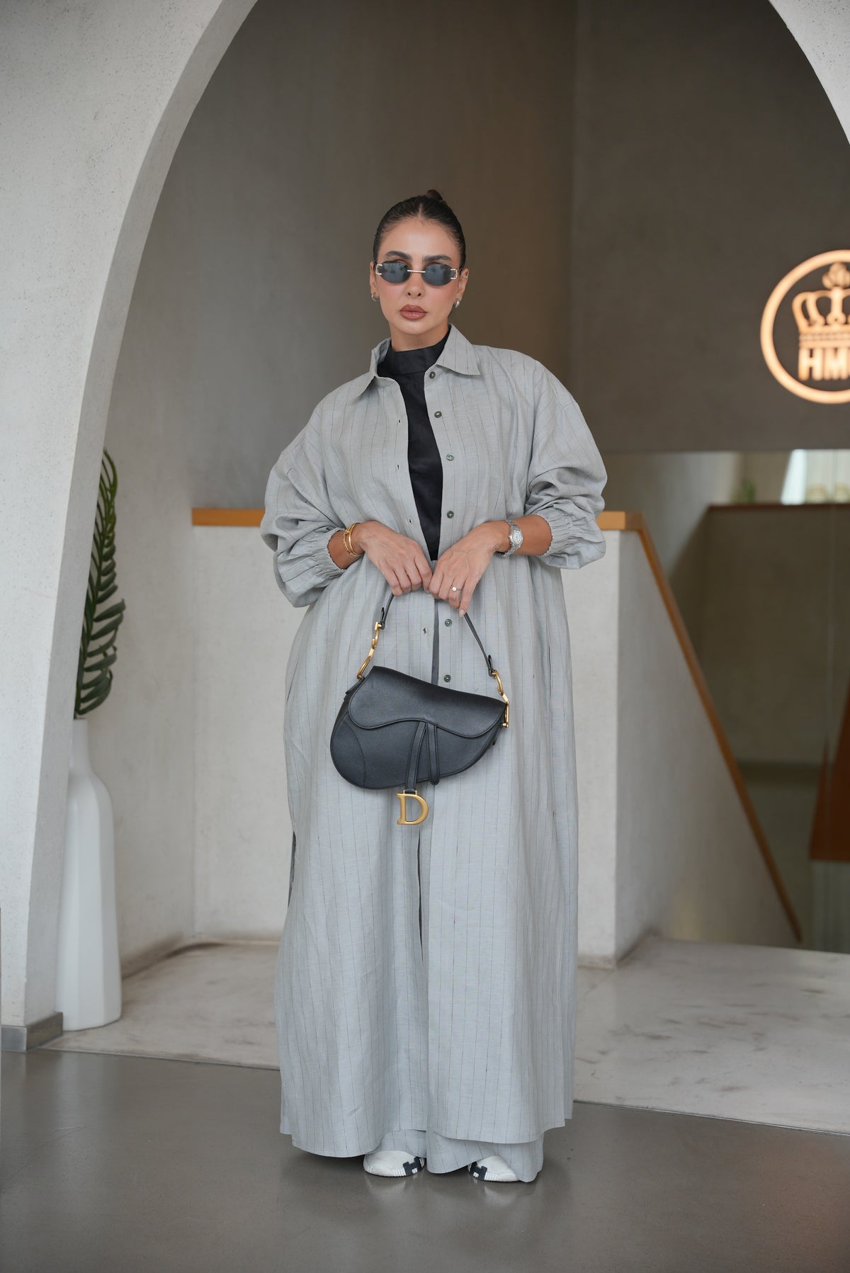 GREY STRIPED LINEN ABAYA( FULL SET)-2002