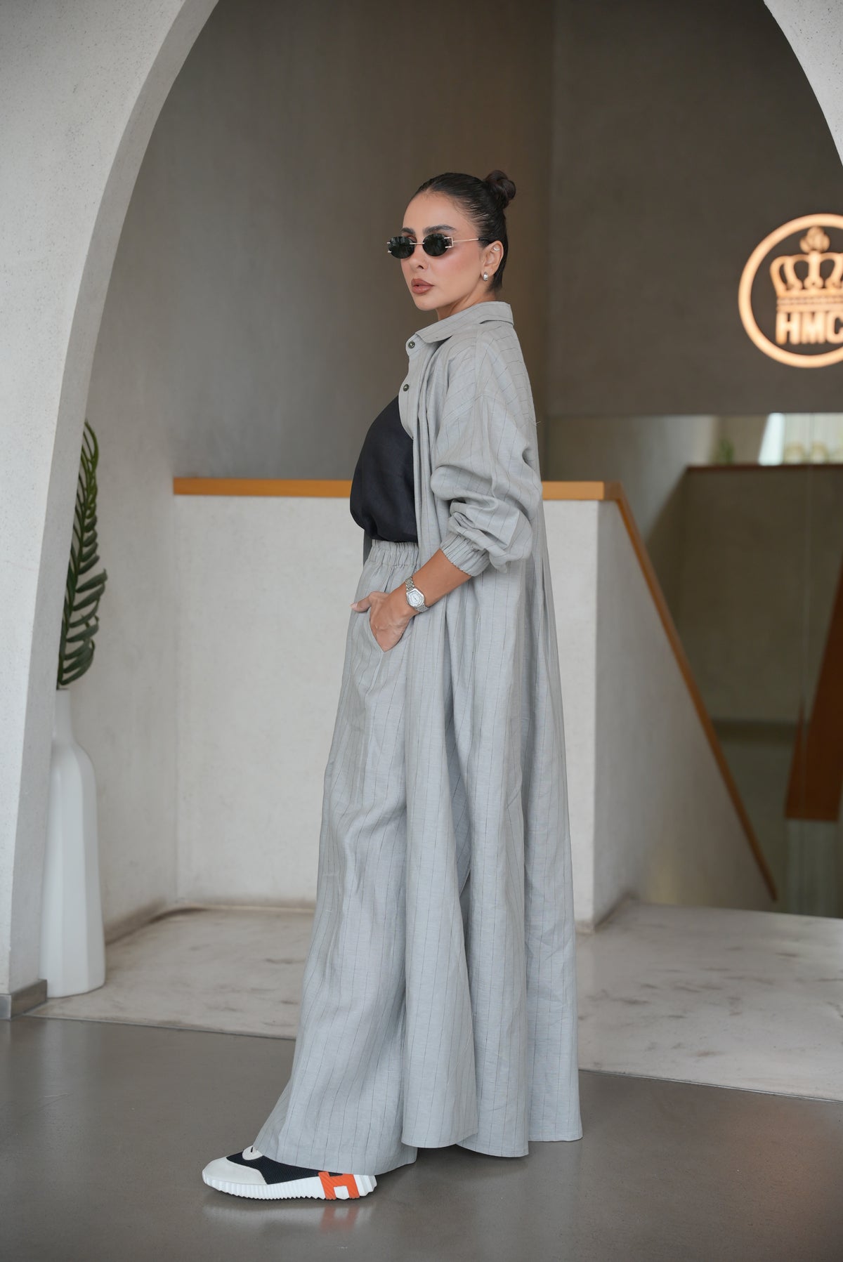 GREY STRIPED LINEN ABAYA( FULL SET)-2002