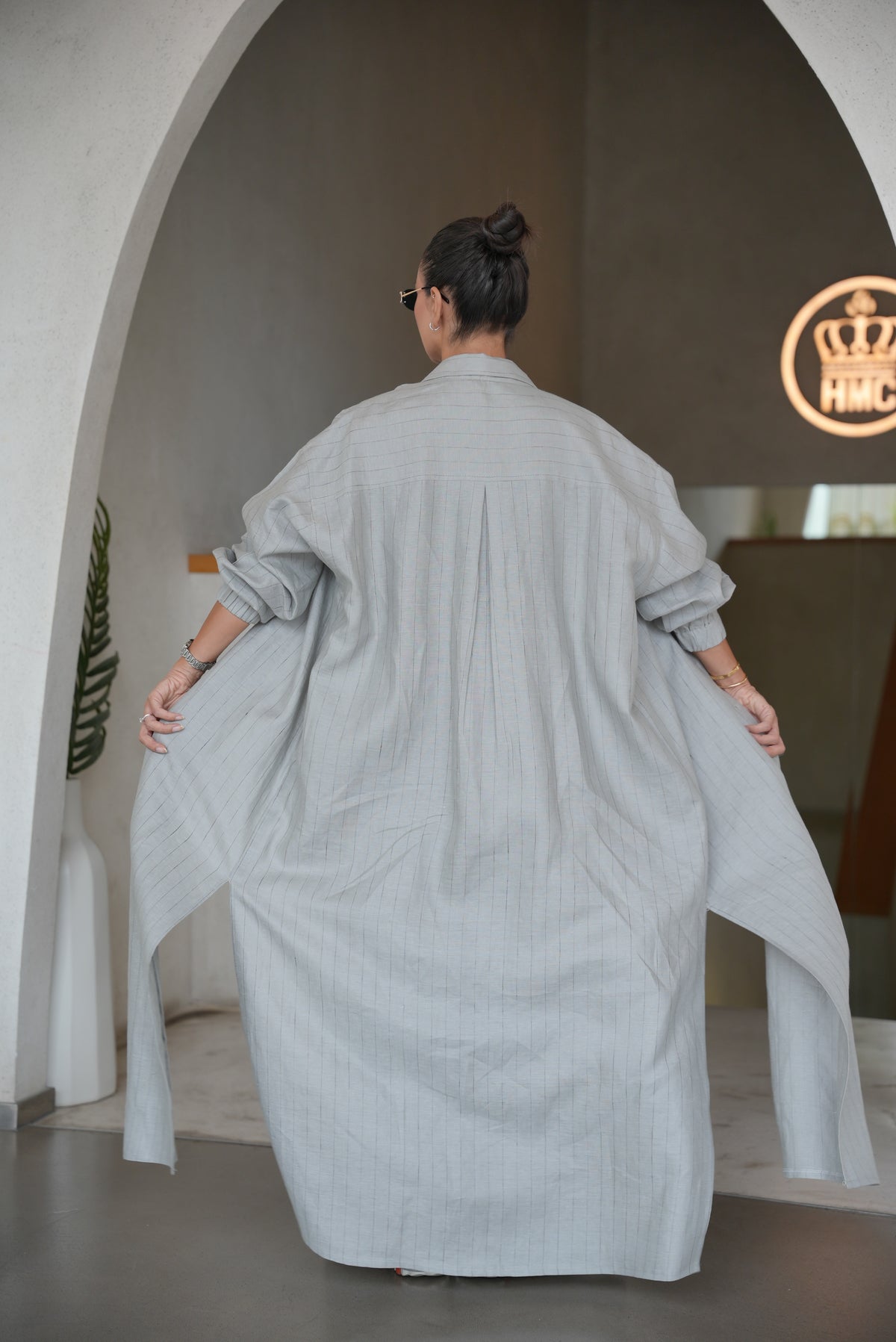 GREY STRIPED LINEN ABAYA( FULL SET)-2002