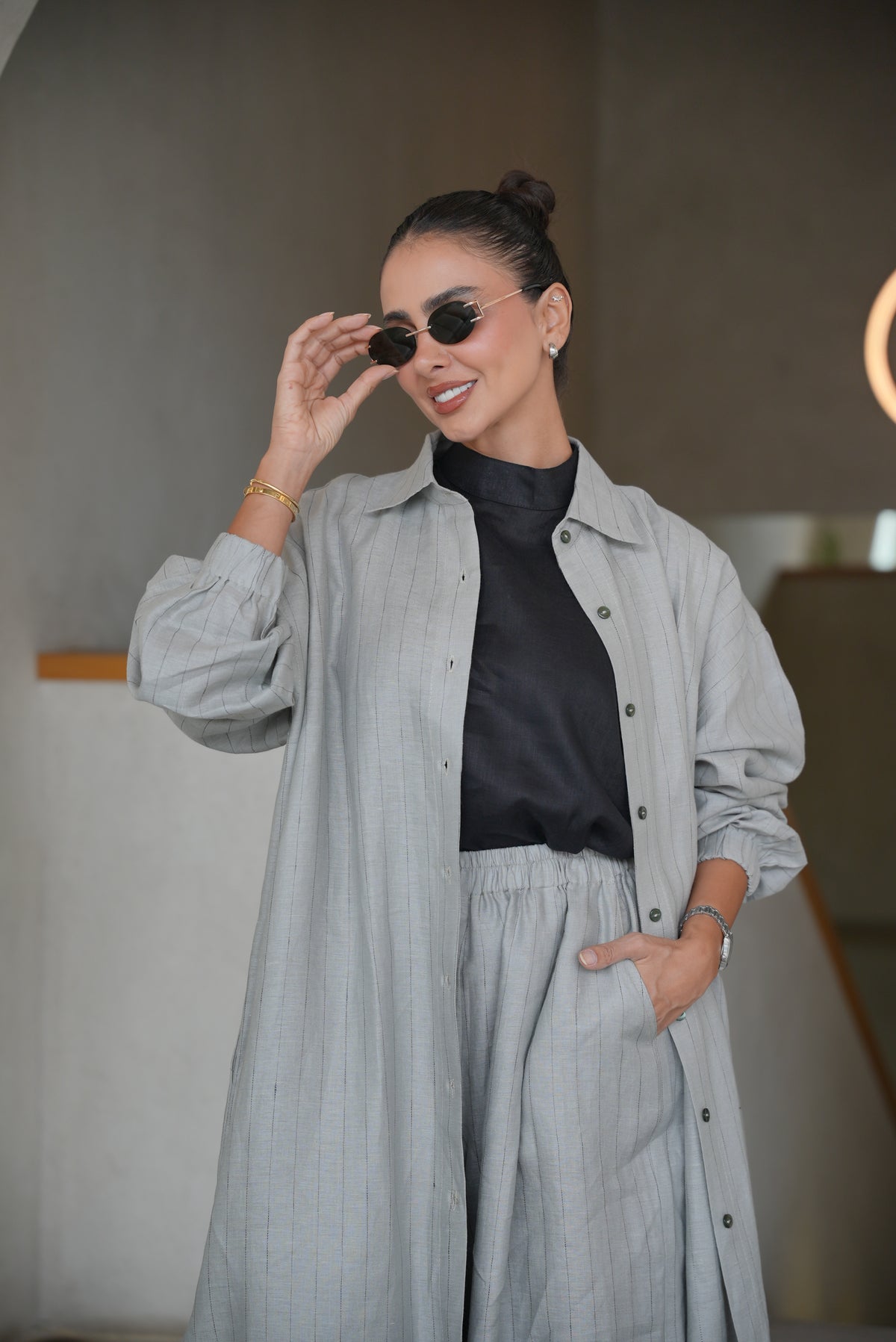 GREY STRIPED LINEN ABAYA( FULL SET)-2002