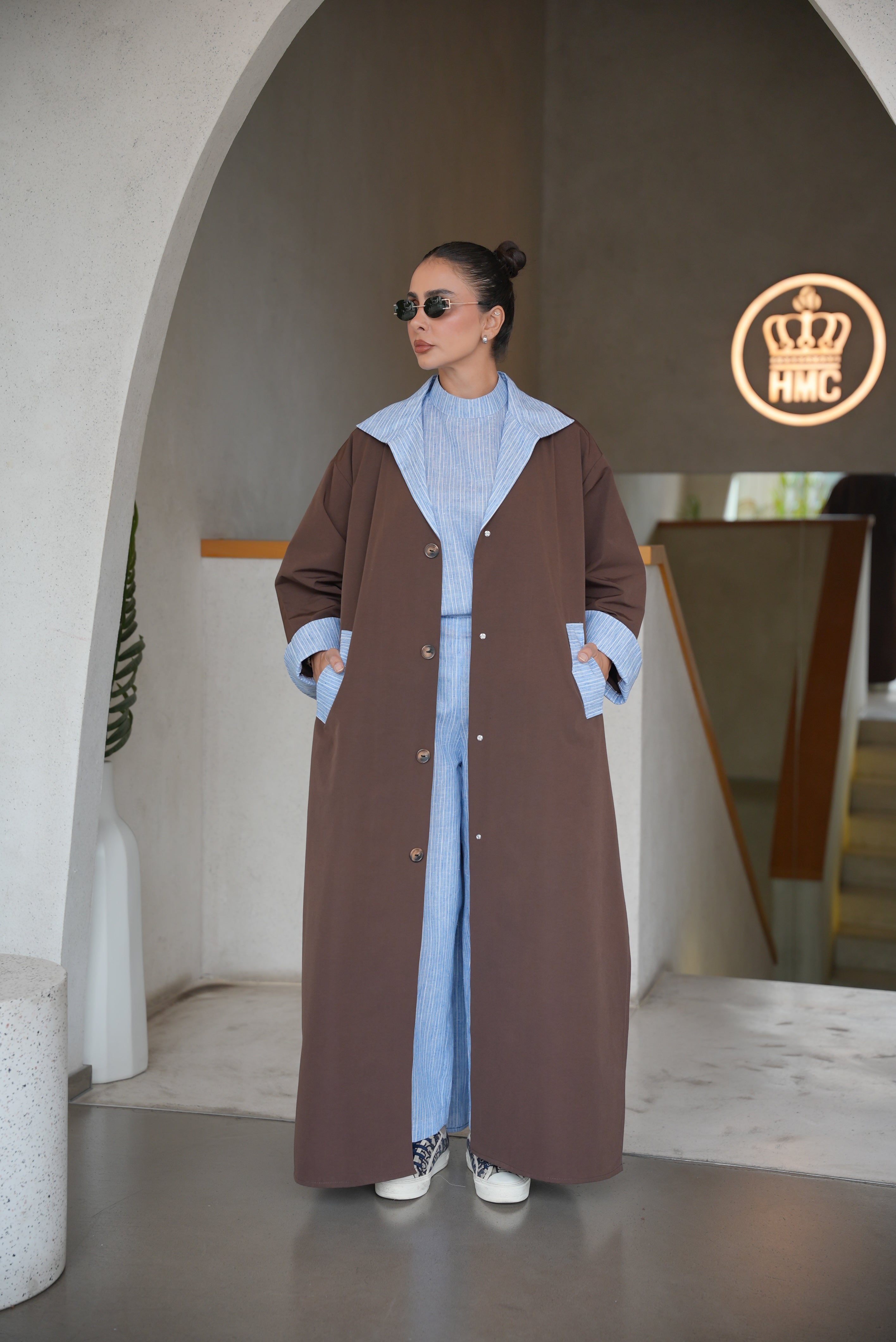 BROWN TRENCH COAT ABAYA WITH STRIPED TRIM SET(full set)-2007