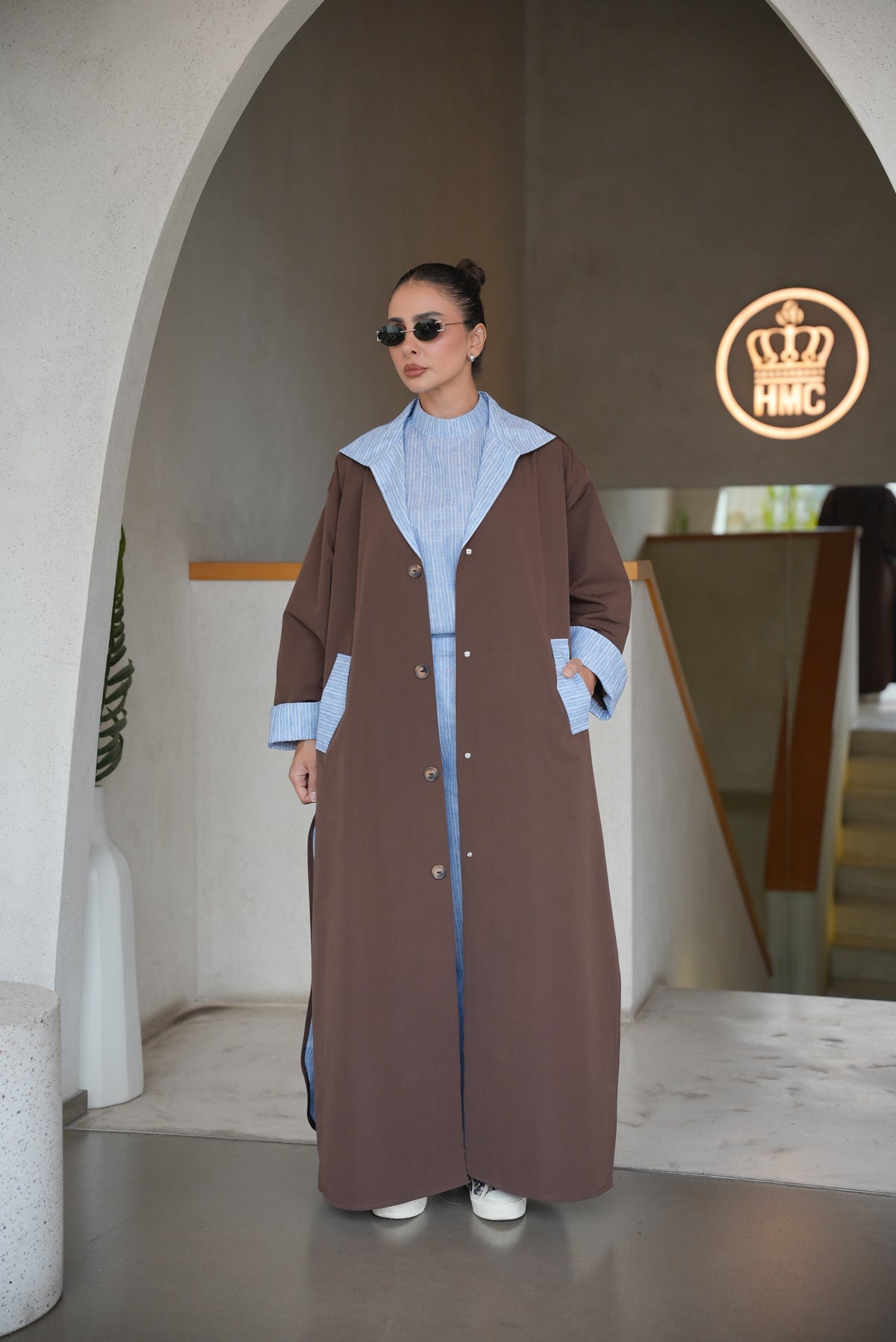 BROWN TRENCH COAT ABAYA WITH STRIPED TRIM SET(full set)-2007