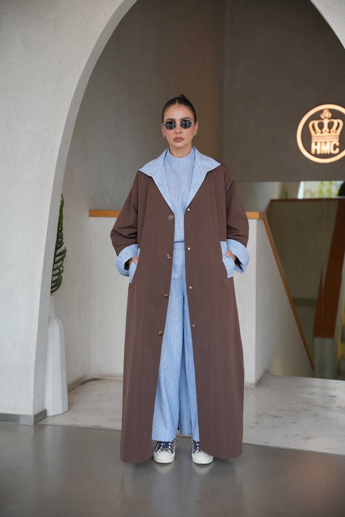 BROWN TRENCH COAT ABAYA WITH STRIPED TRIM SET(full set)-2007