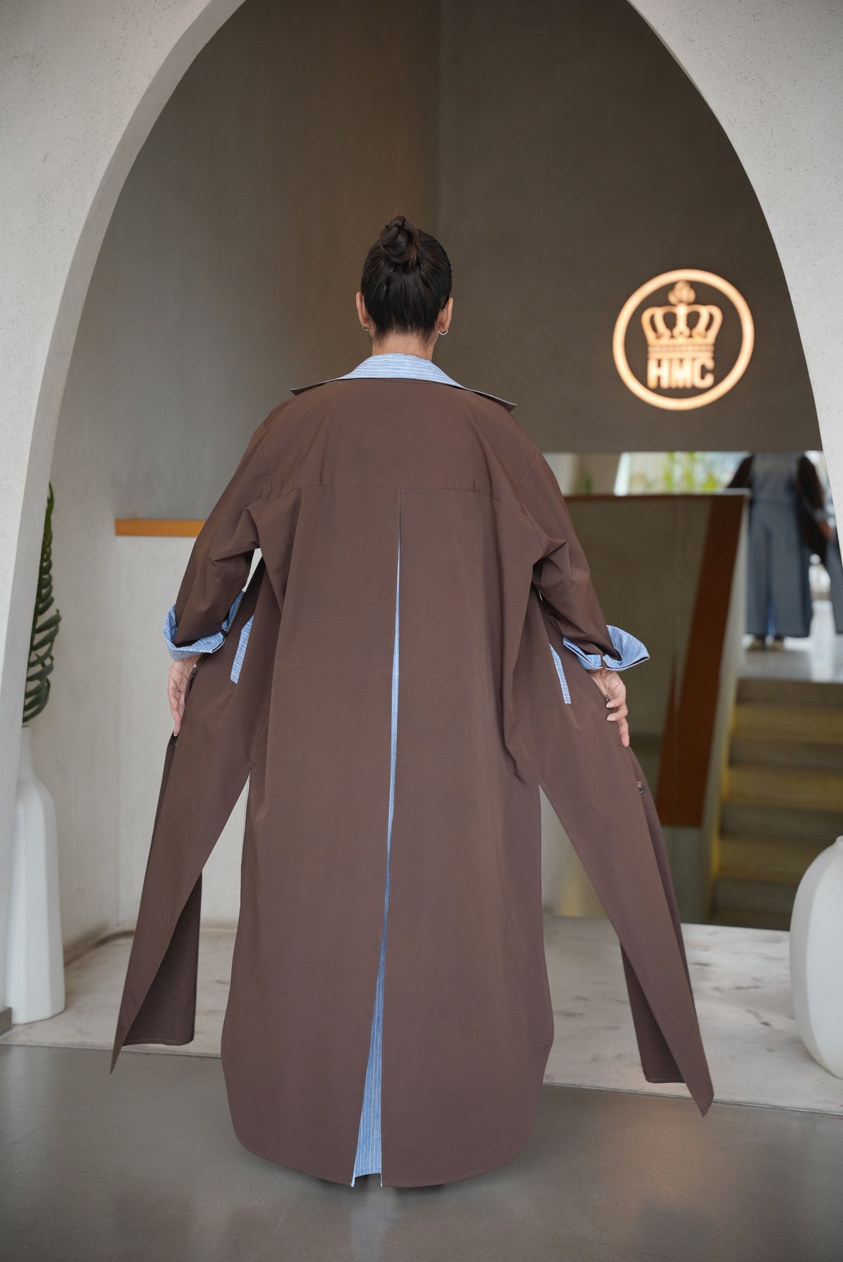 BROWN TRENCH COAT ABAYA WITH STRIPED TRIM SET(full set)-2007