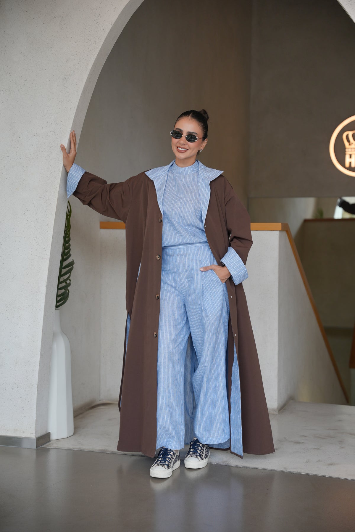 BROWN TRENCH COAT ABAYA WITH STRIPED TRIM SET(full set)-2007