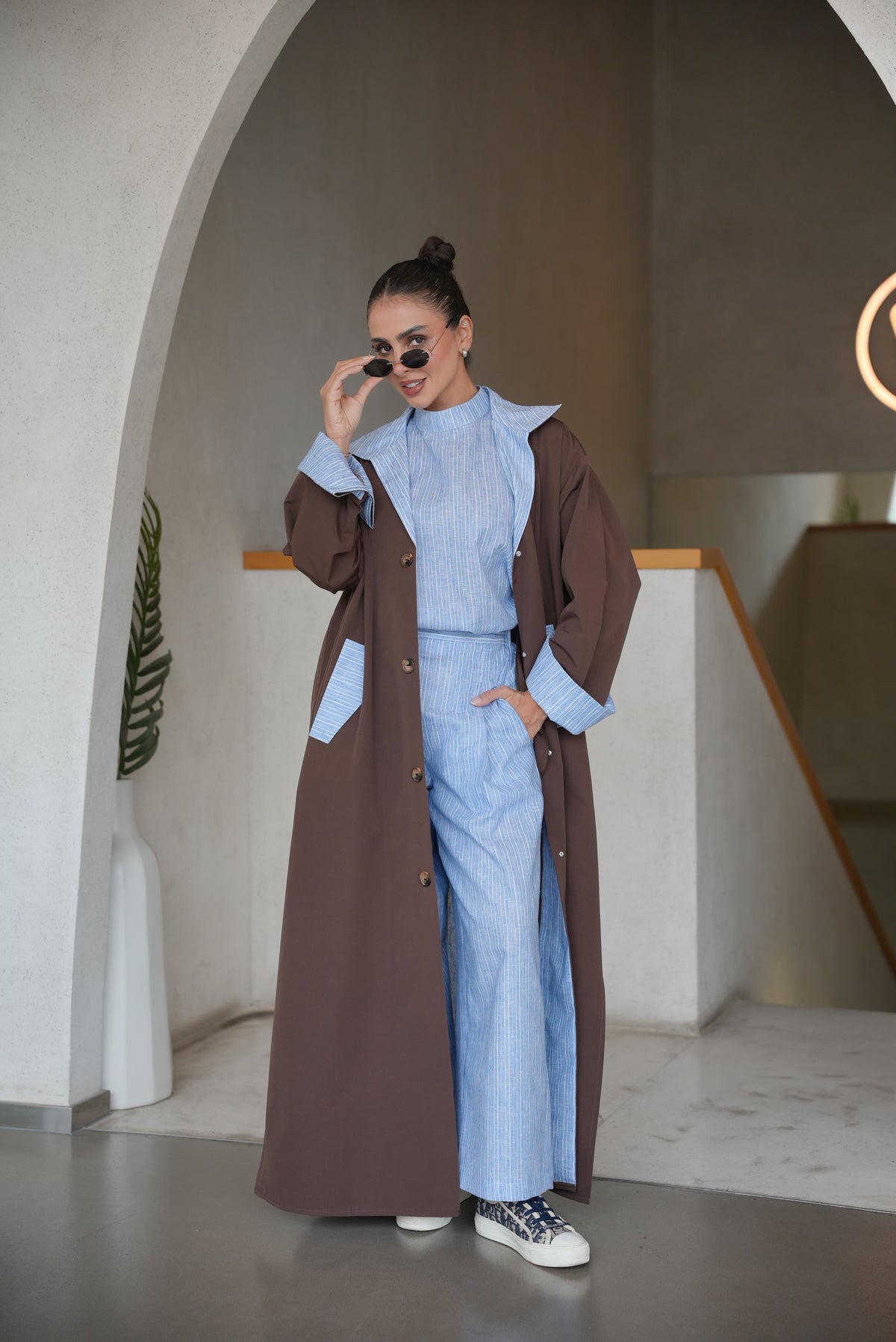 BROWN TRENCH COAT ABAYA WITH STRIPED TRIM SET(full set)-2007