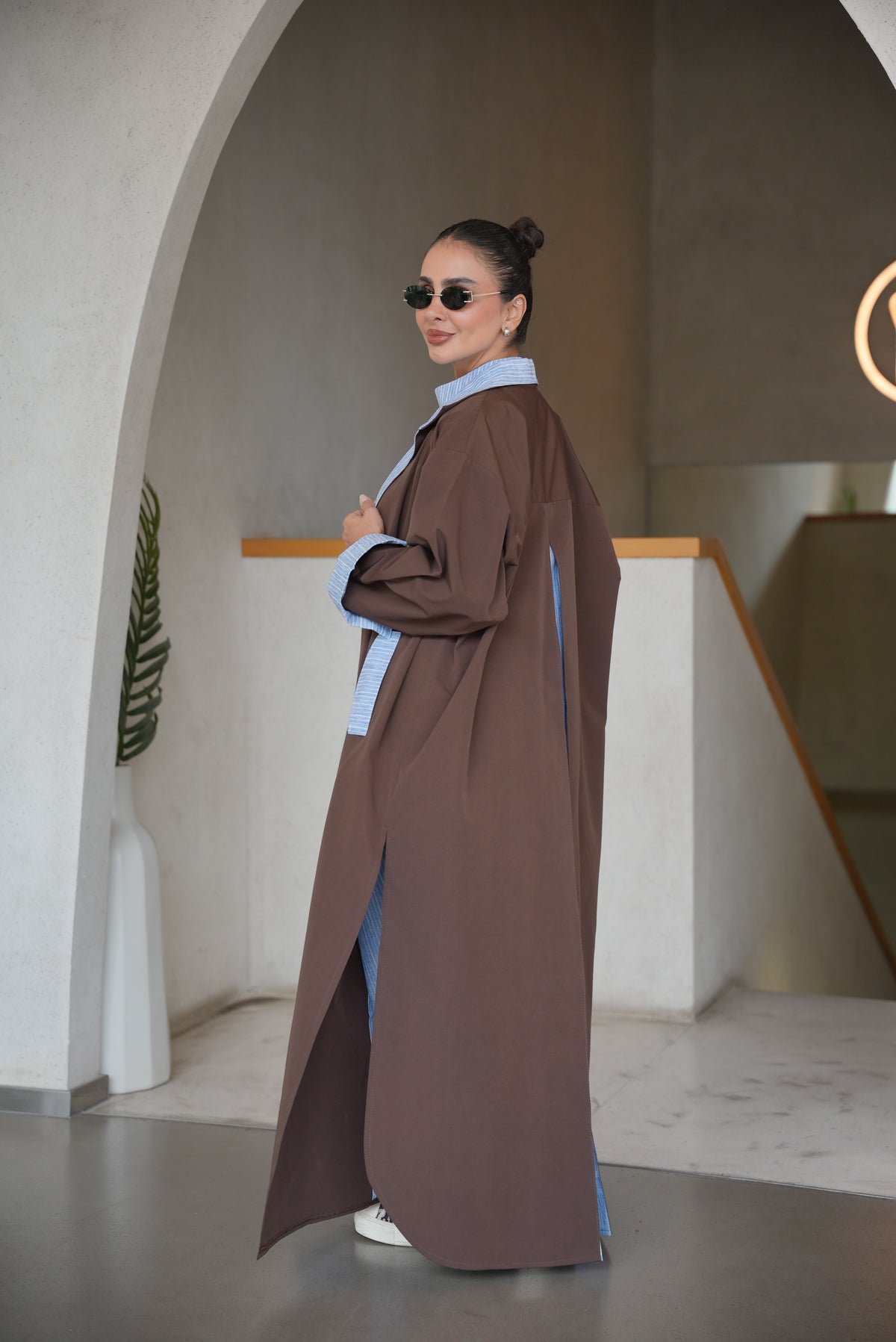 BROWN TRENCH COAT ABAYA WITH STRIPED TRIM SET(full set)-2007