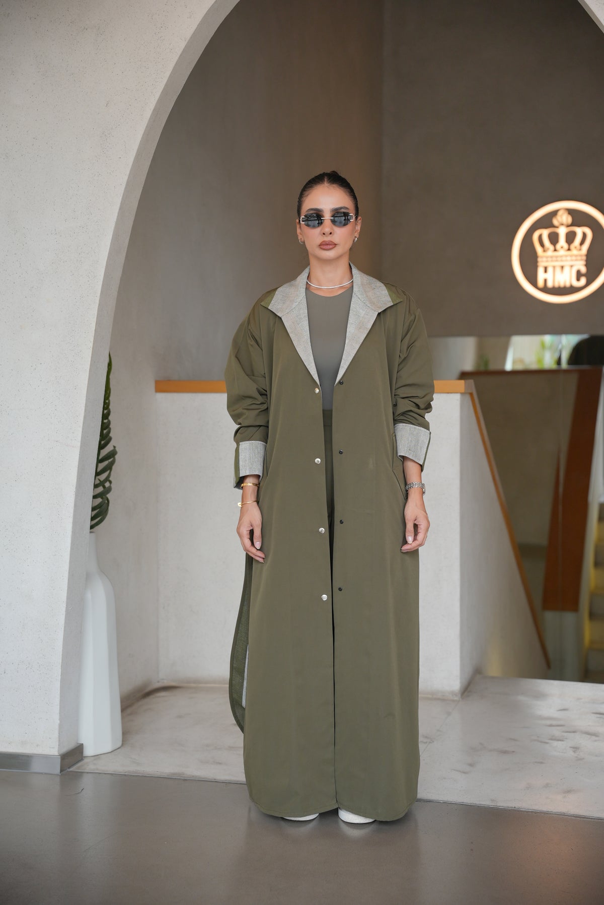 OLIVE GREEN TRENCH COAT ABAYA AND PANTS SET-2008