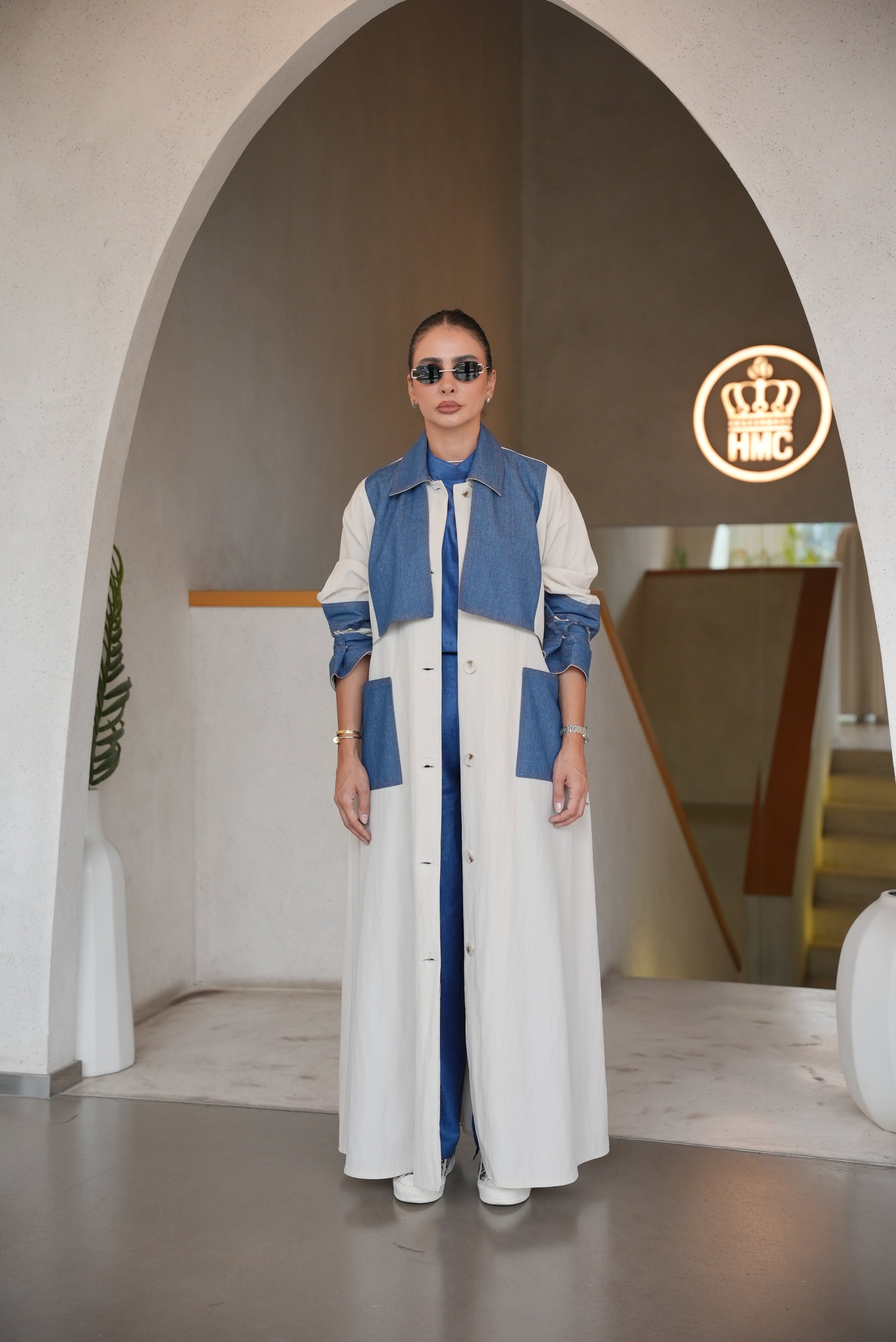 OFF-WHITE TRENCH COAT ABAYA WITH DENIM TRIM -2001
