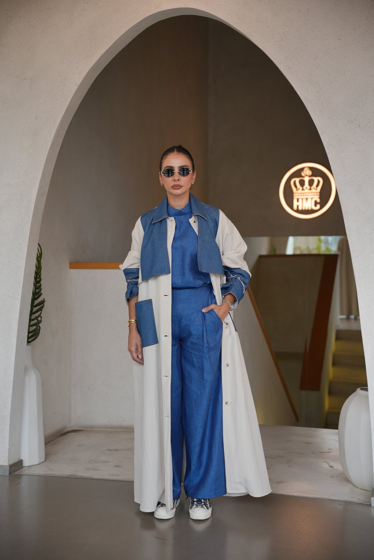 OFF-WHITE TRENCH COAT ABAYA WITH DENIM TRIM -2001