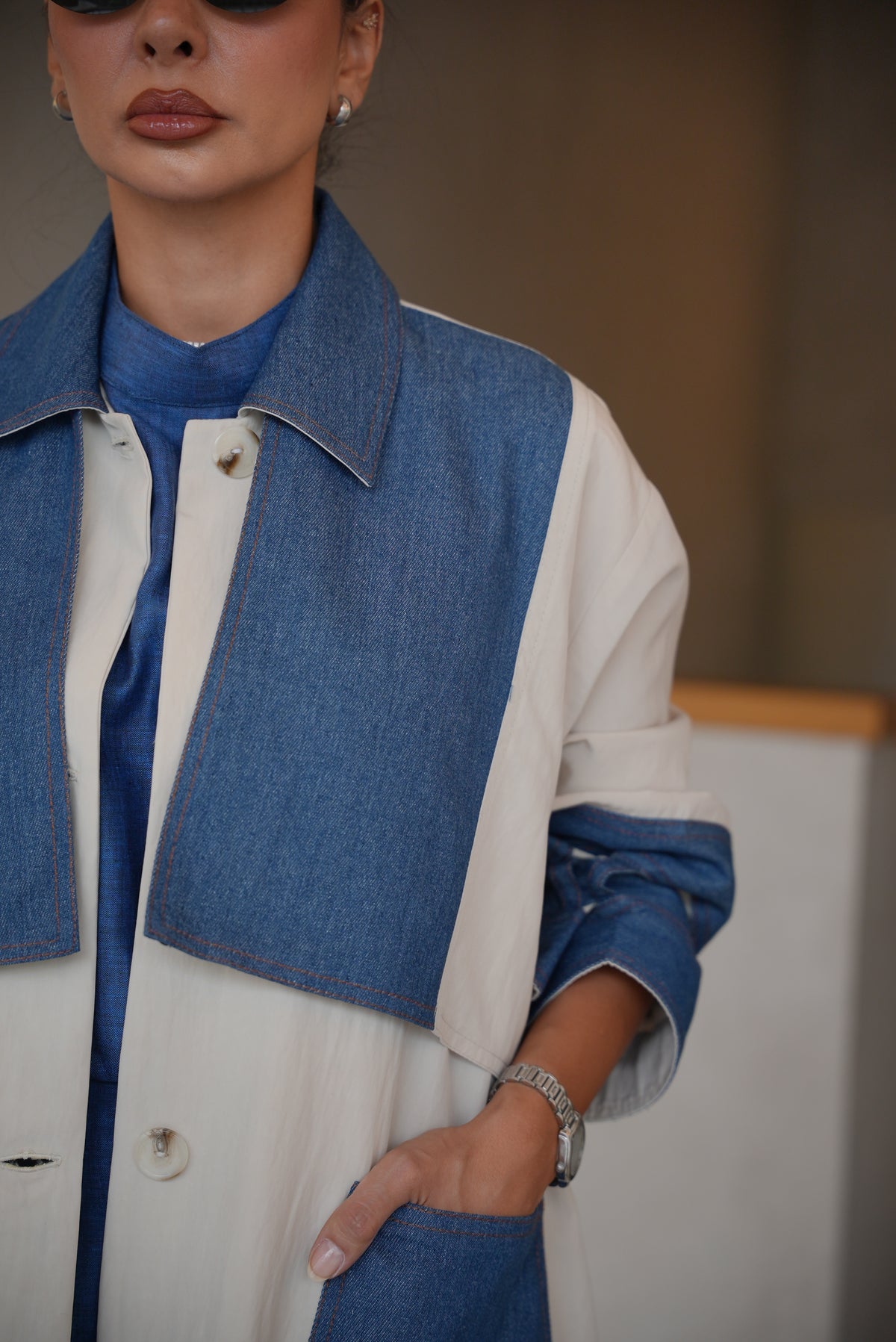 OFF-WHITE TRENCH COAT ABAYA WITH DENIM TRIM -2001