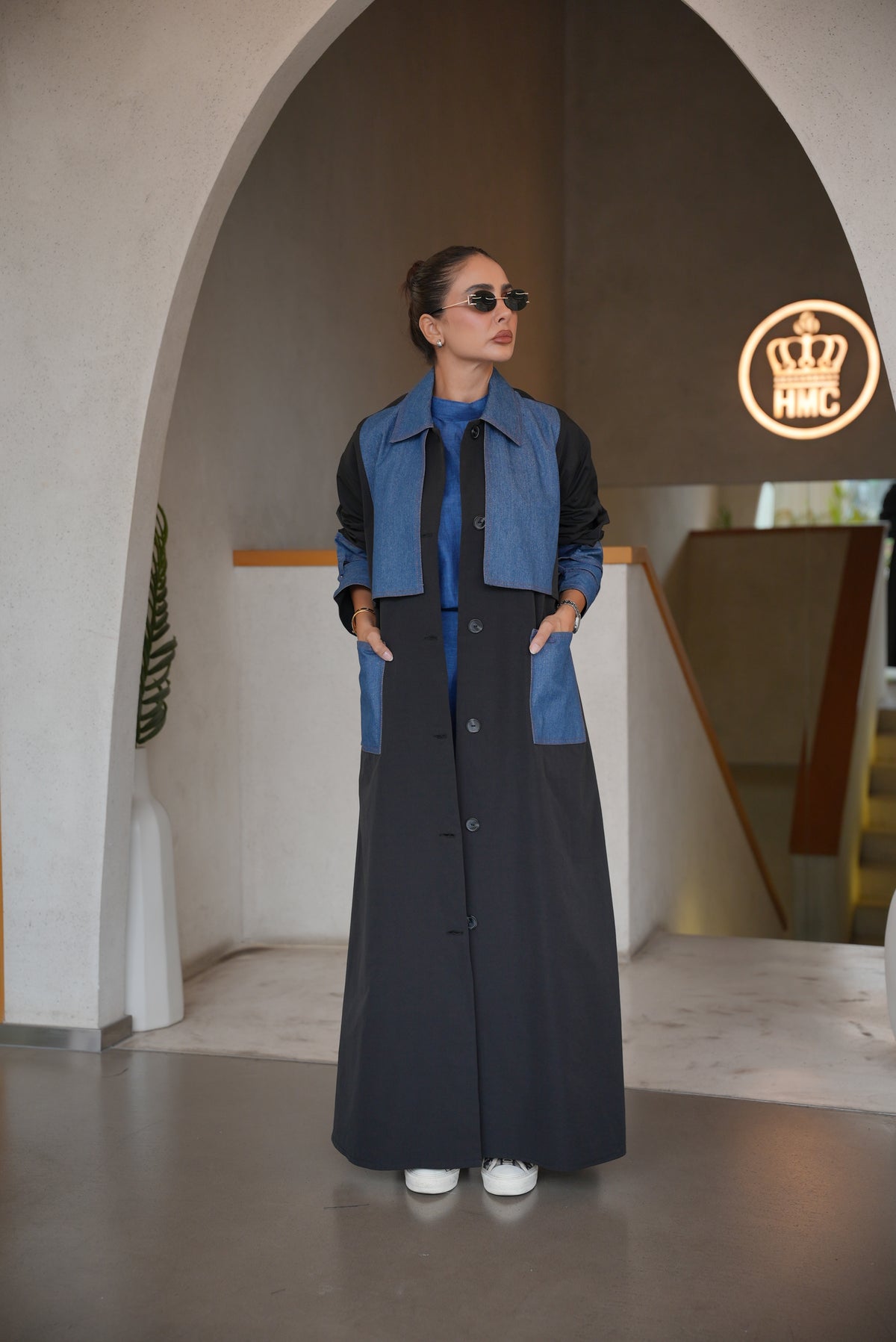 BLACK TRENCH COAT ABAYA WITH DENIM TRIM -2004