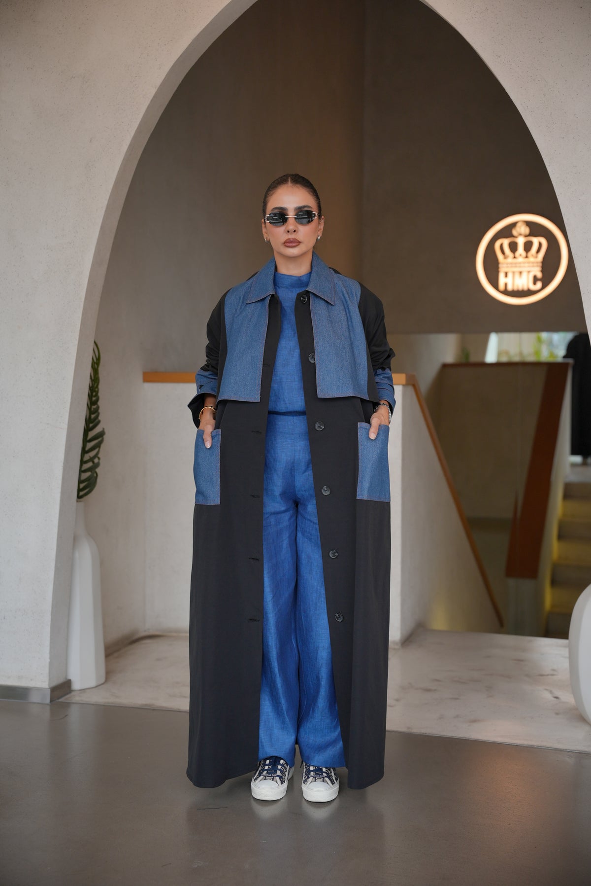 BLACK TRENCH COAT ABAYA WITH DENIM TRIM -2004