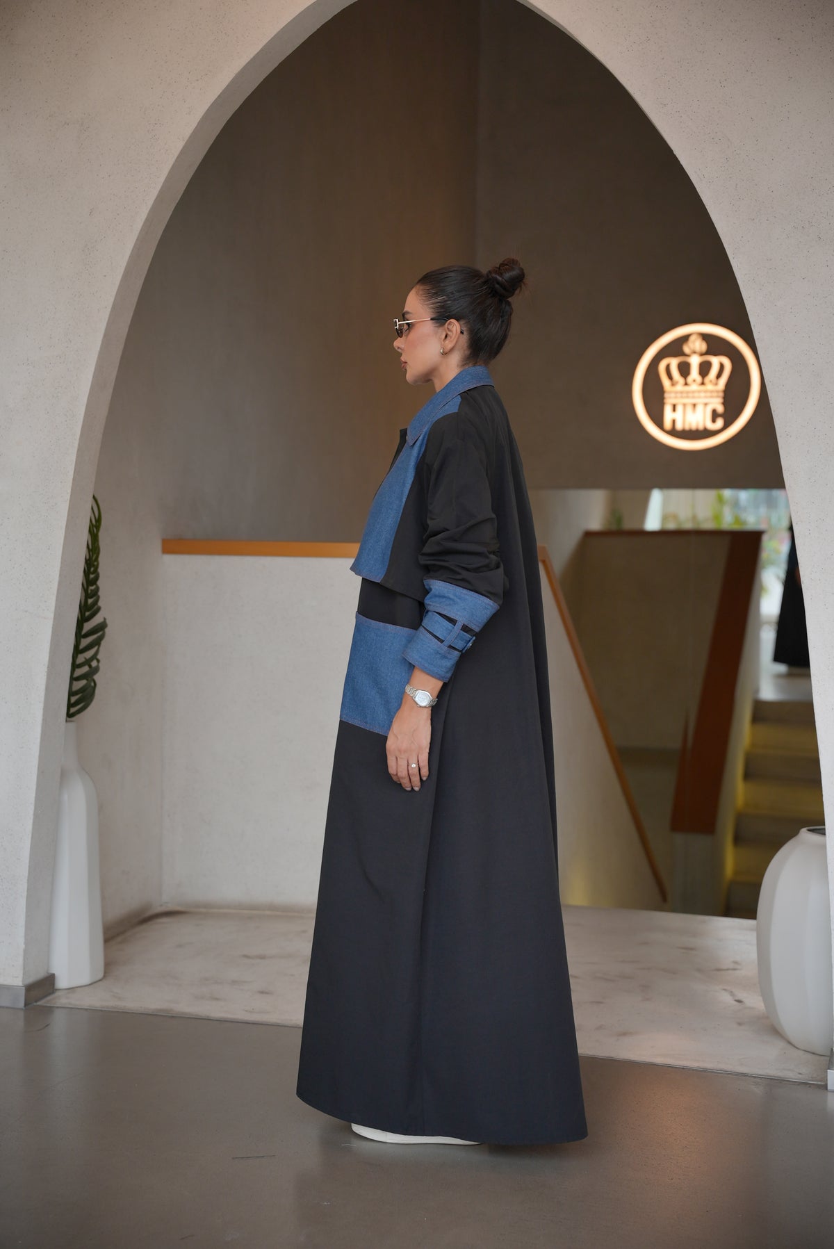 BLACK TRENCH COAT ABAYA WITH DENIM TRIM -2004