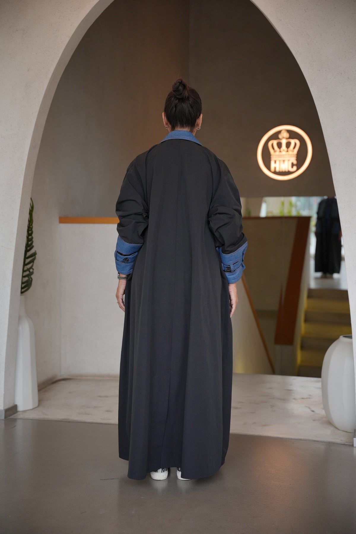 BLACK TRENCH COAT ABAYA WITH DENIM TRIM -2004
