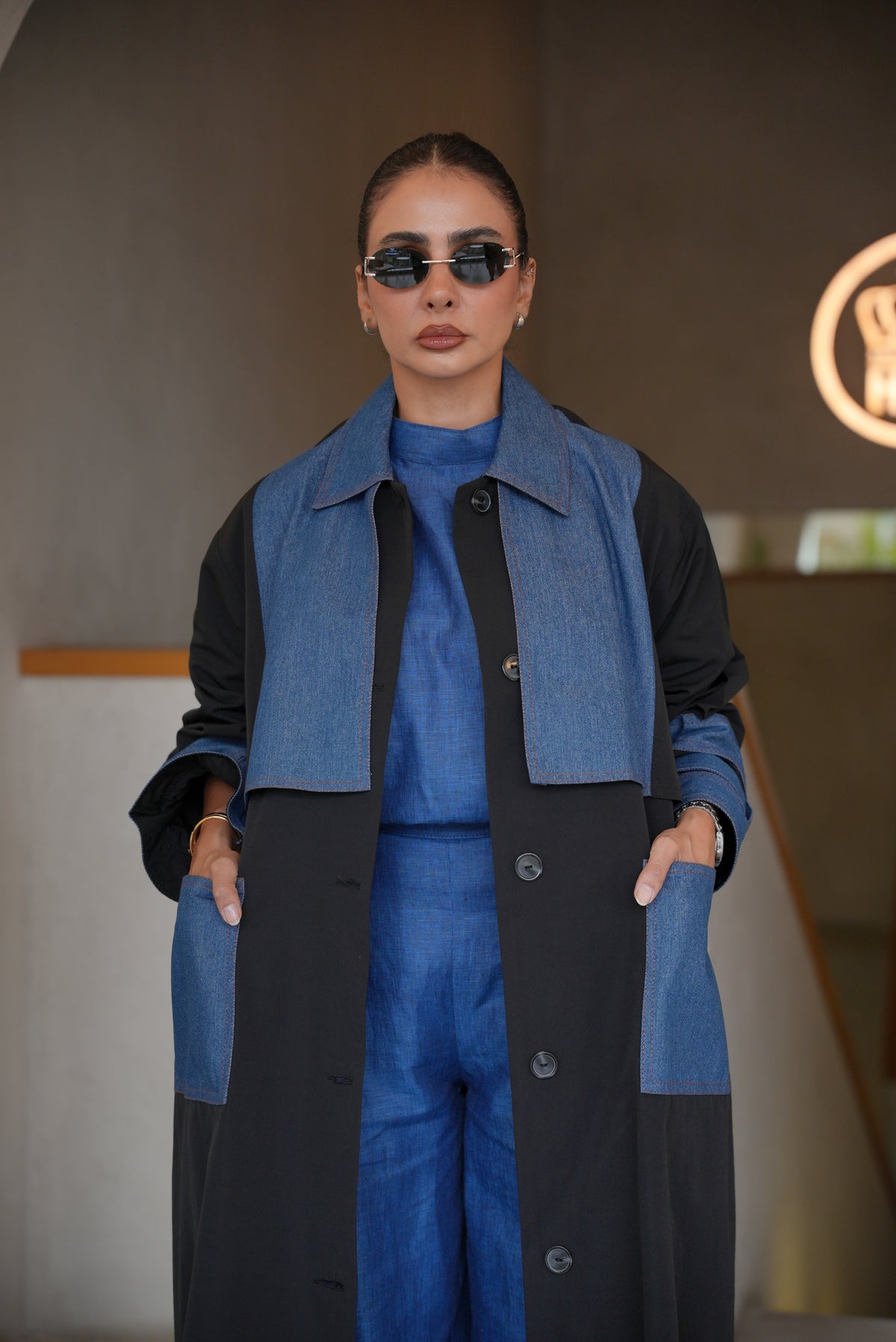 BLACK TRENCH COAT ABAYA WITH DENIM TRIM -2004