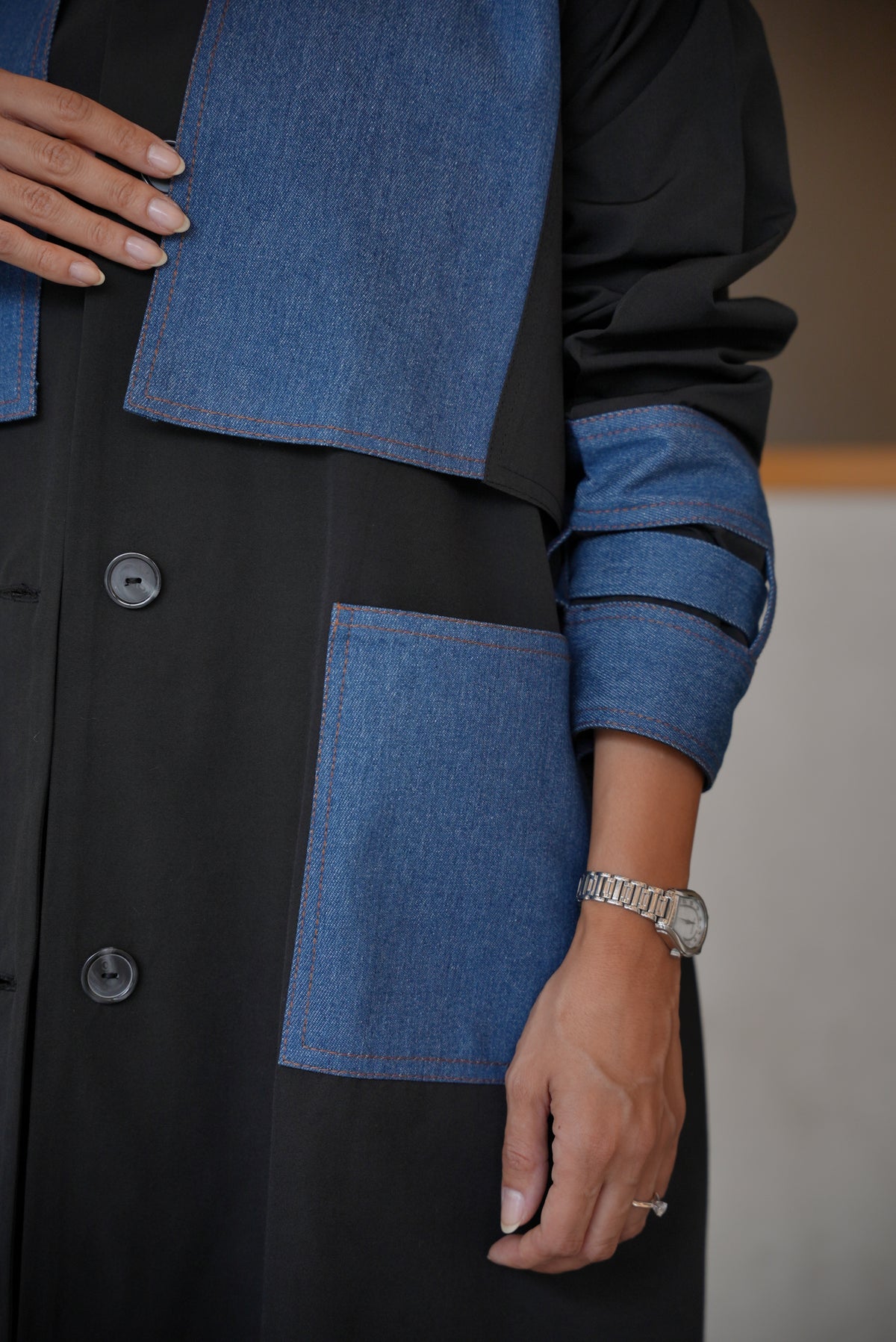 BLACK TRENCH COAT ABAYA WITH DENIM TRIM -2004
