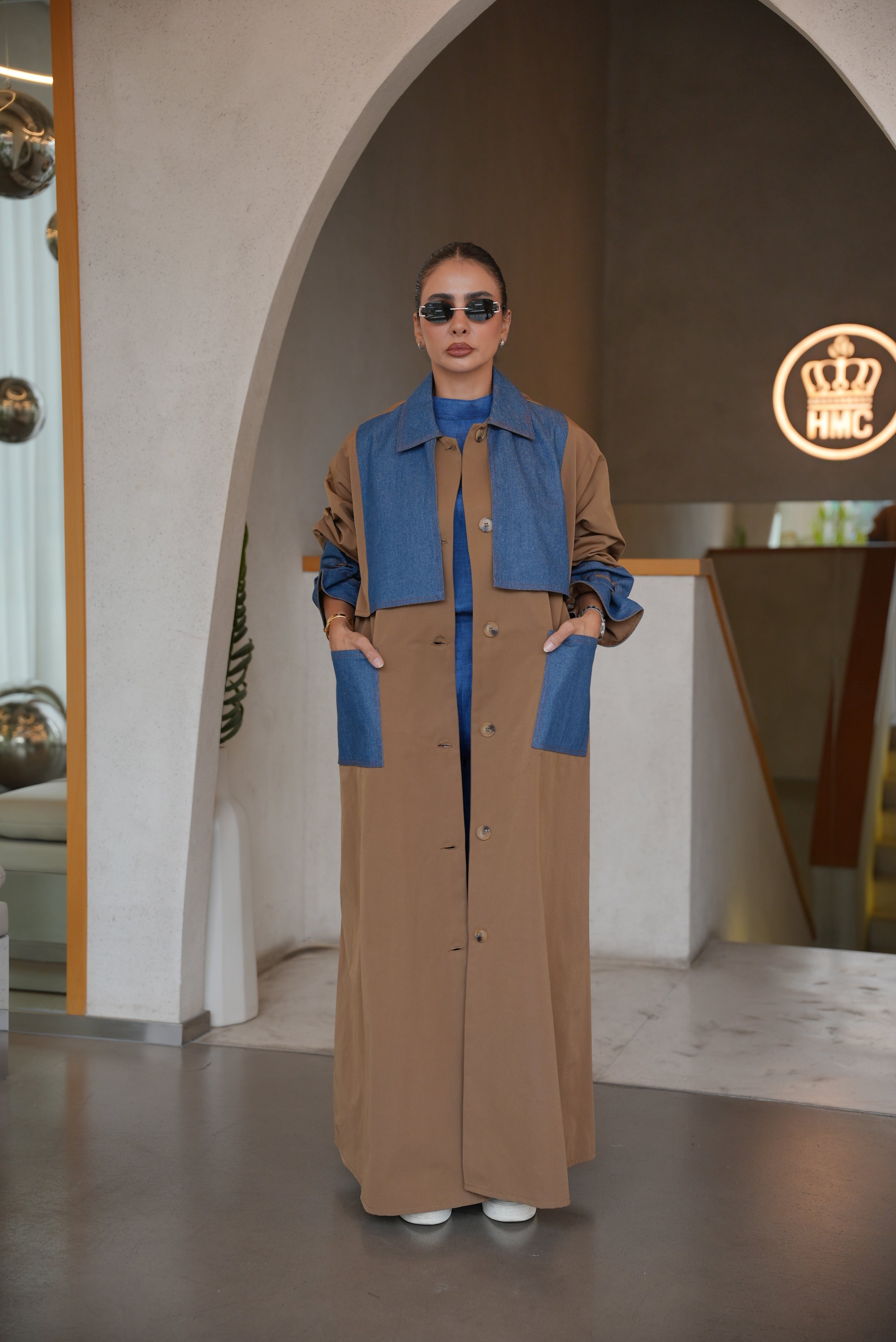 BEIGE TRENCH COAT ABAYA WITH DENIM TRIM-2005