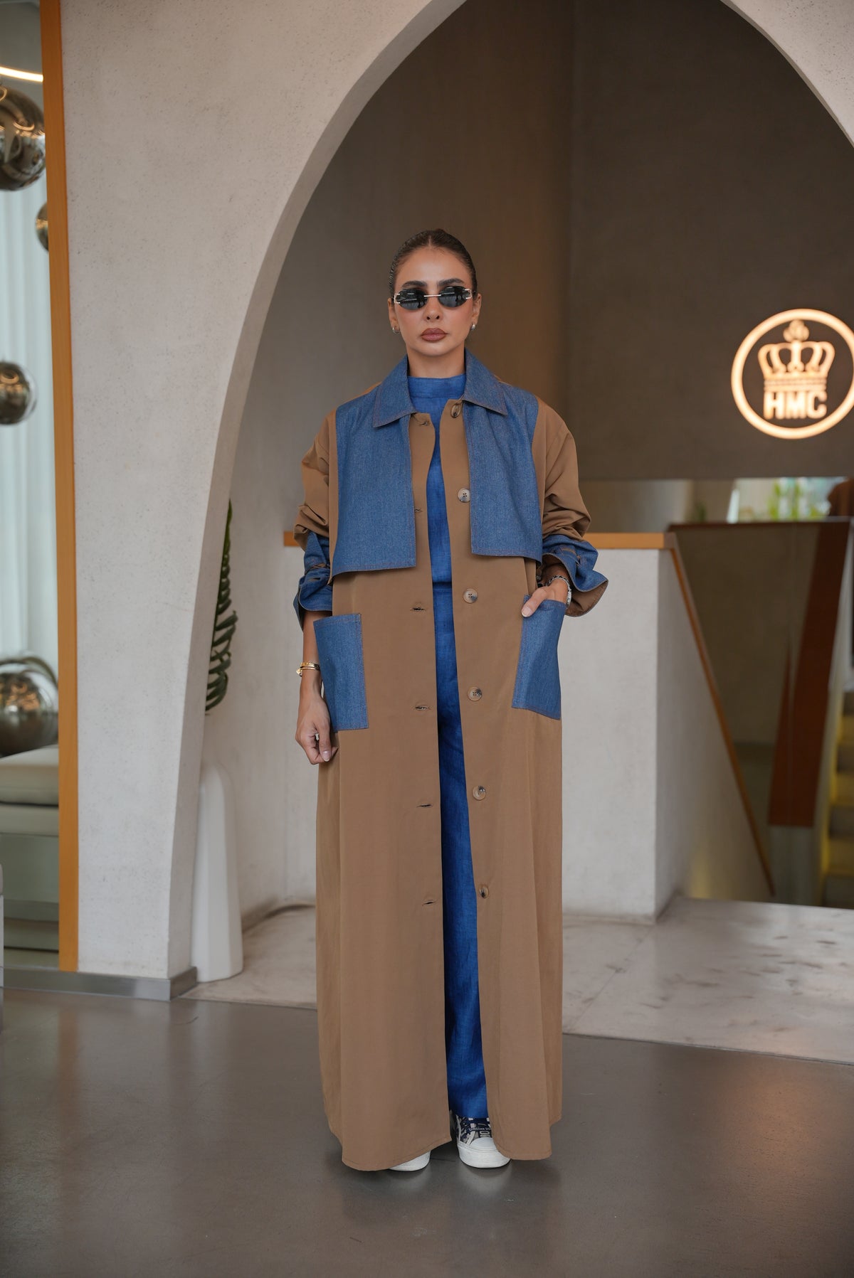 BEIGE TRENCH COAT ABAYA WITH DENIM TRIM-2005