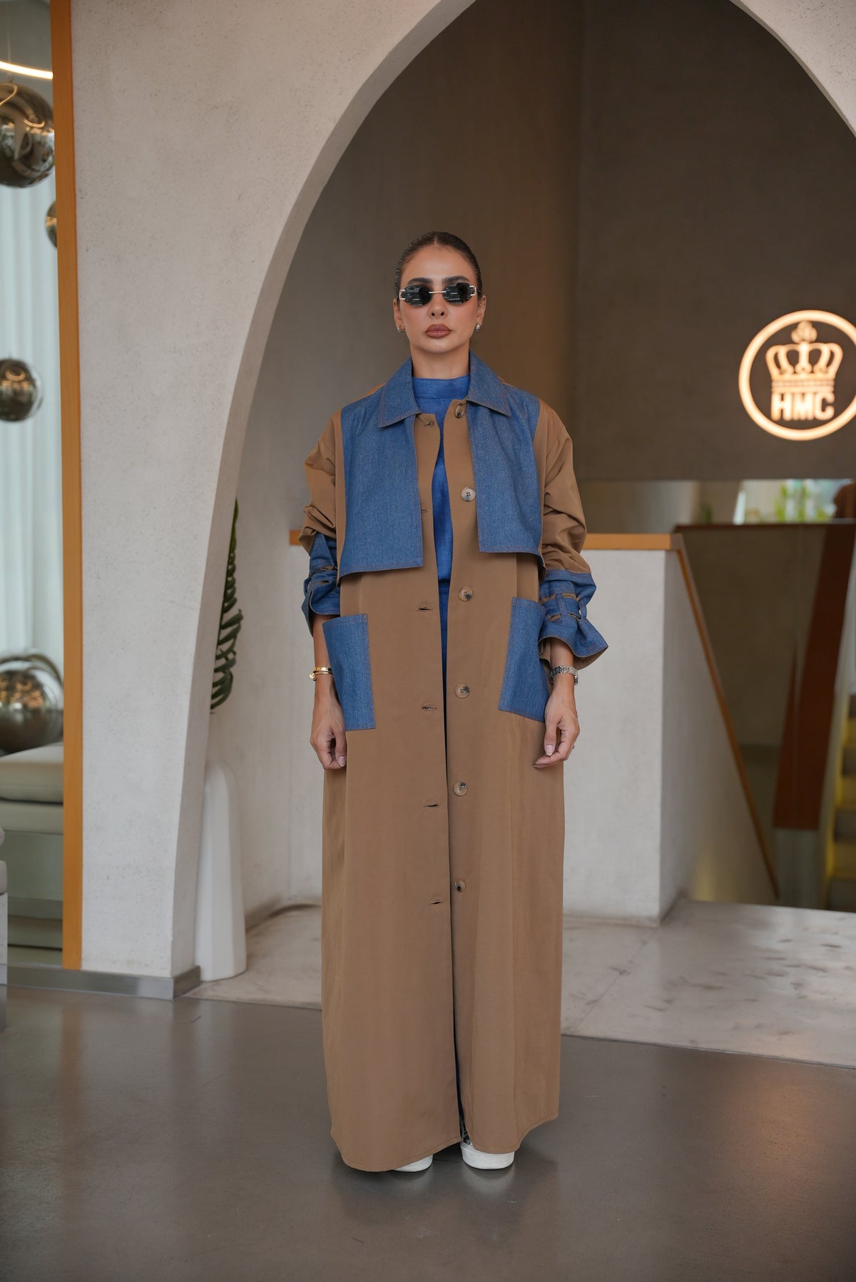 BEIGE TRENCH COAT ABAYA WITH DENIM TRIM-2005