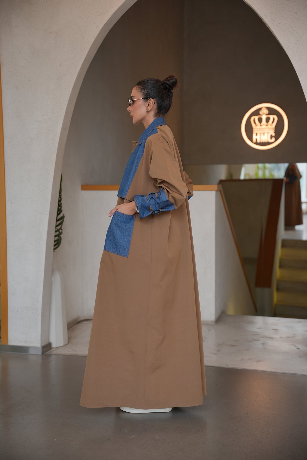 BEIGE TRENCH COAT ABAYA WITH DENIM TRIM-2005