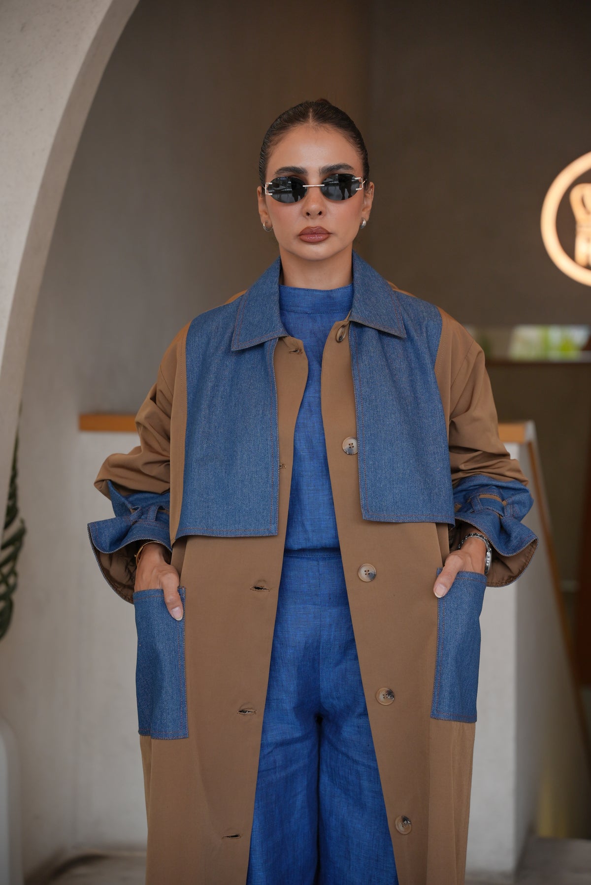BEIGE TRENCH COAT ABAYA WITH DENIM TRIM-2005