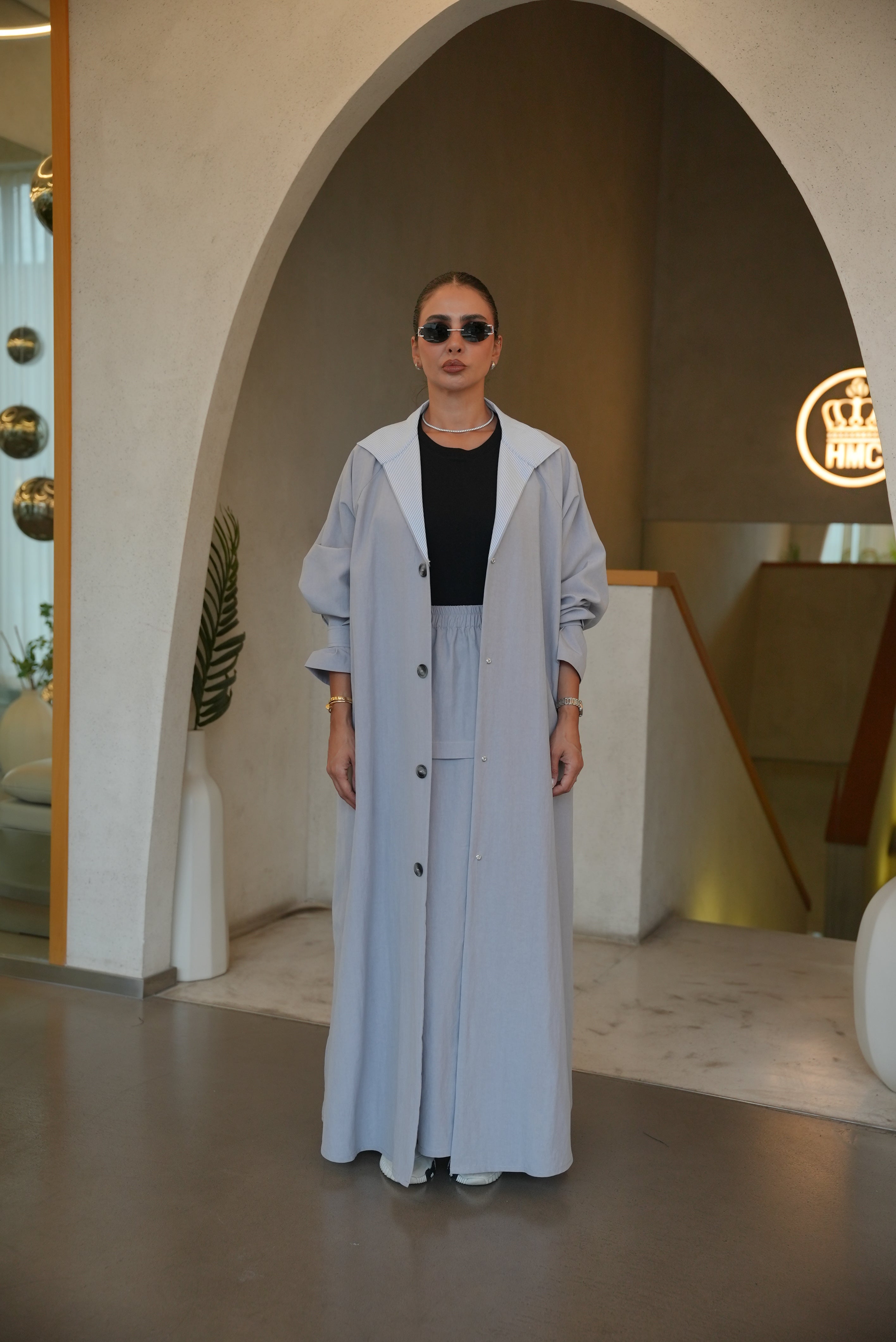 LIGHT BLUE TRENCH COAT ABAYA AND SKIRT SET-2006