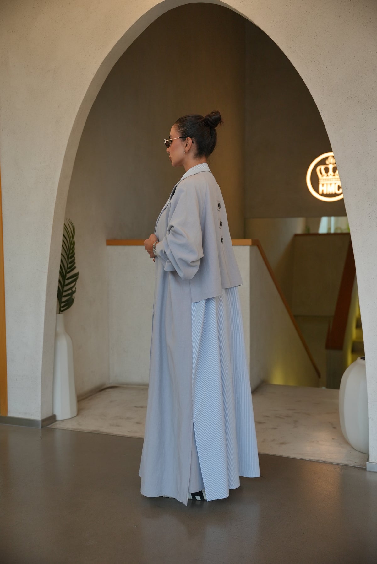 LIGHT BLUE TRENCH COAT ABAYA AND SKIRT SET-2006