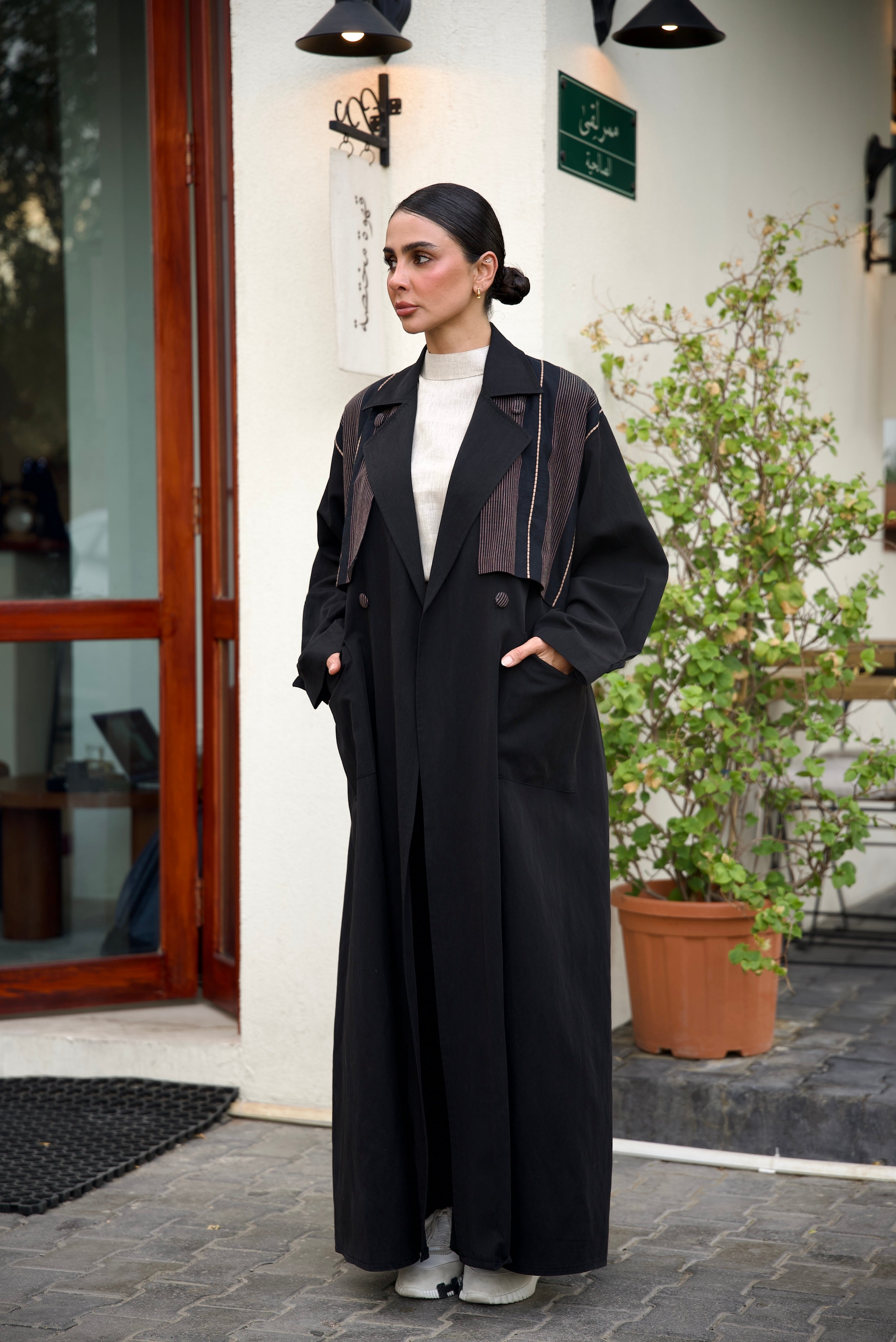 Black Trench Coat Abaya Set (Full set)-2024