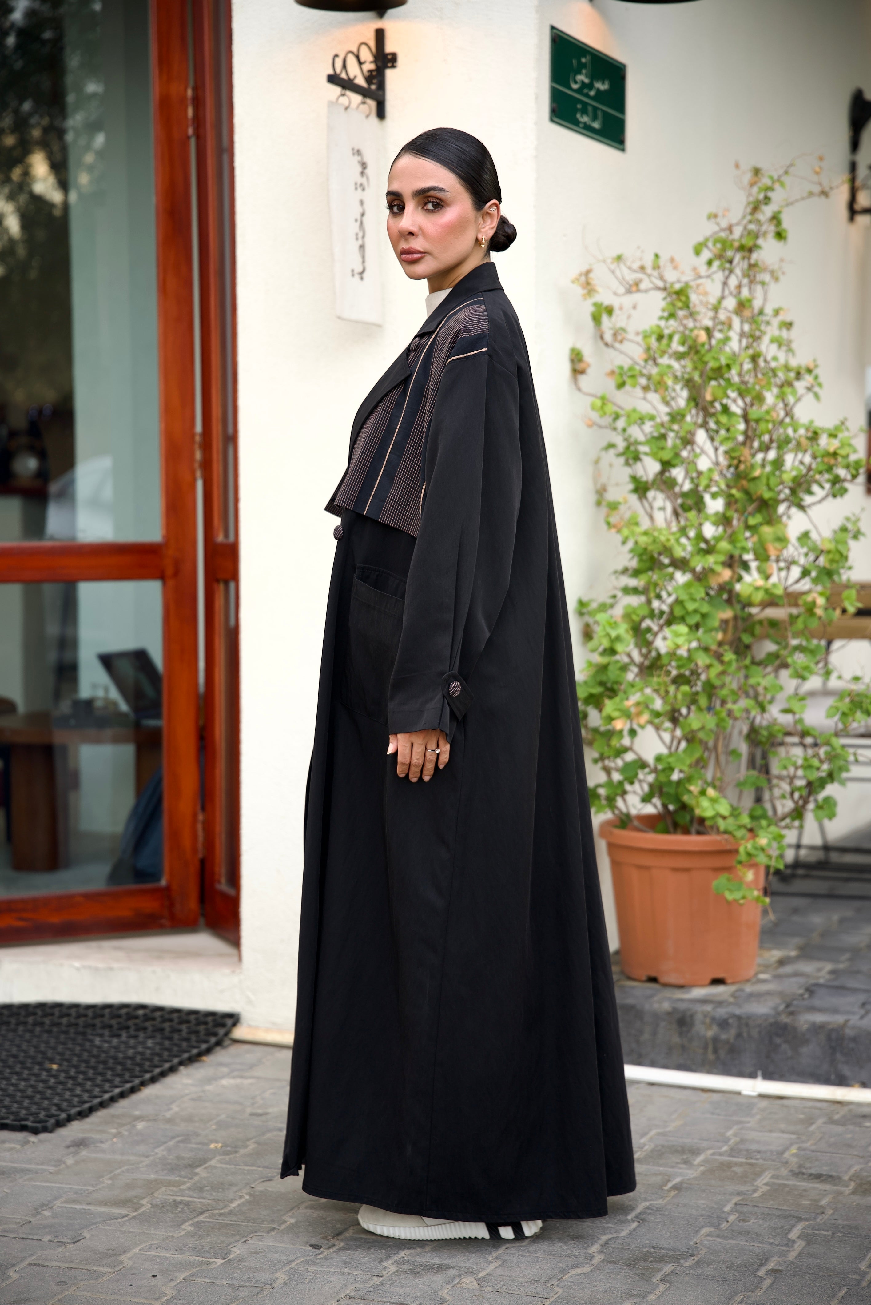Black Trench Coat Abaya Set (Full set)-2024