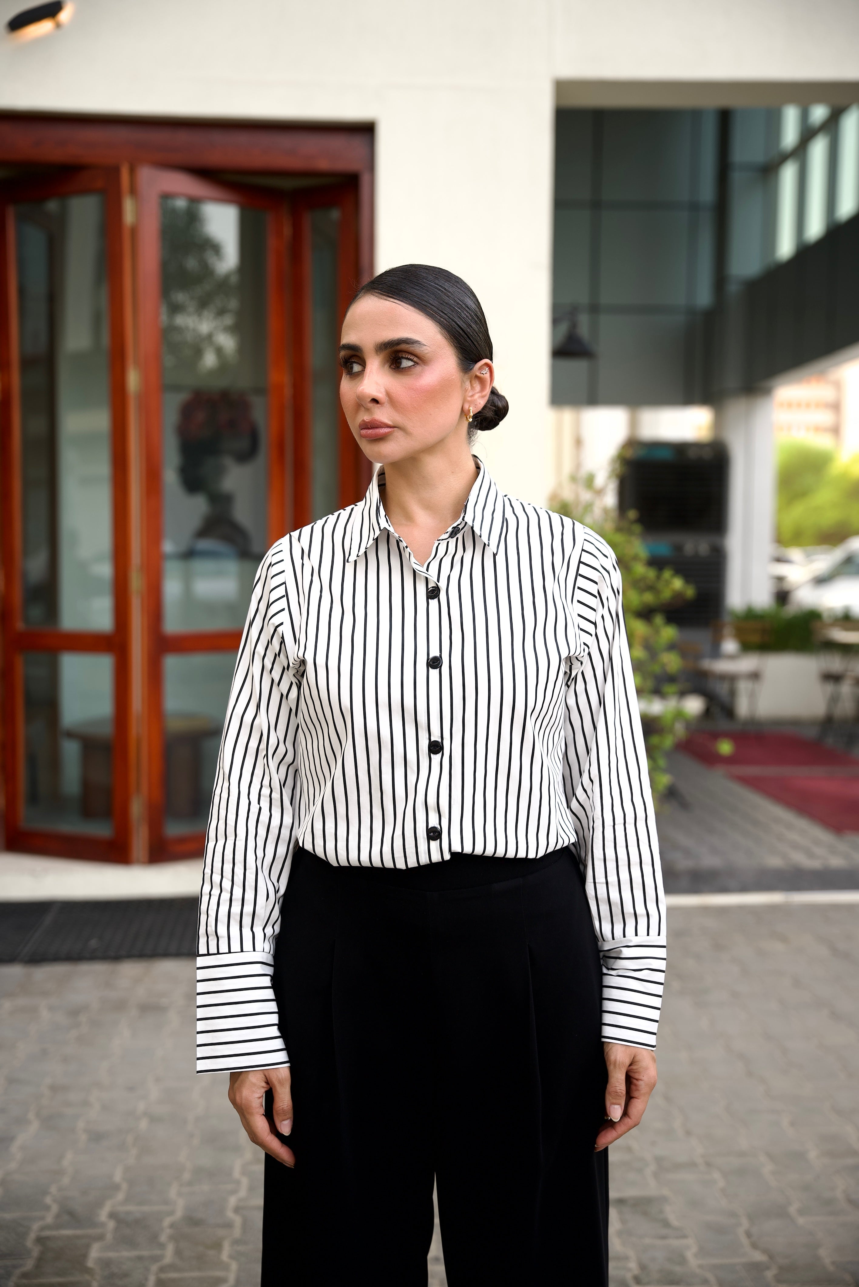 Black Striped Linen Cotton & Crepe Set – 2028