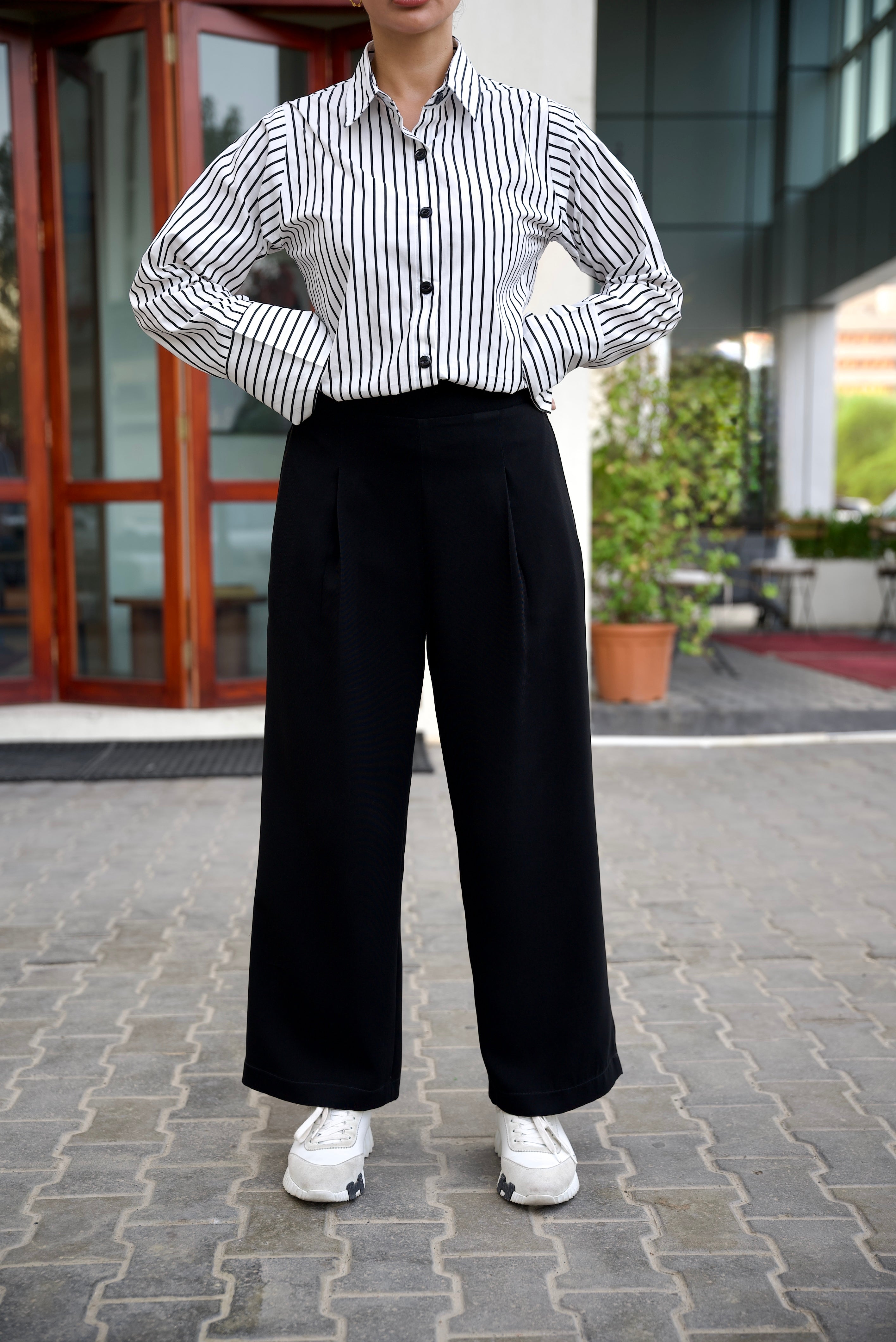 Black Striped Linen Cotton & Crepe Set – 2028