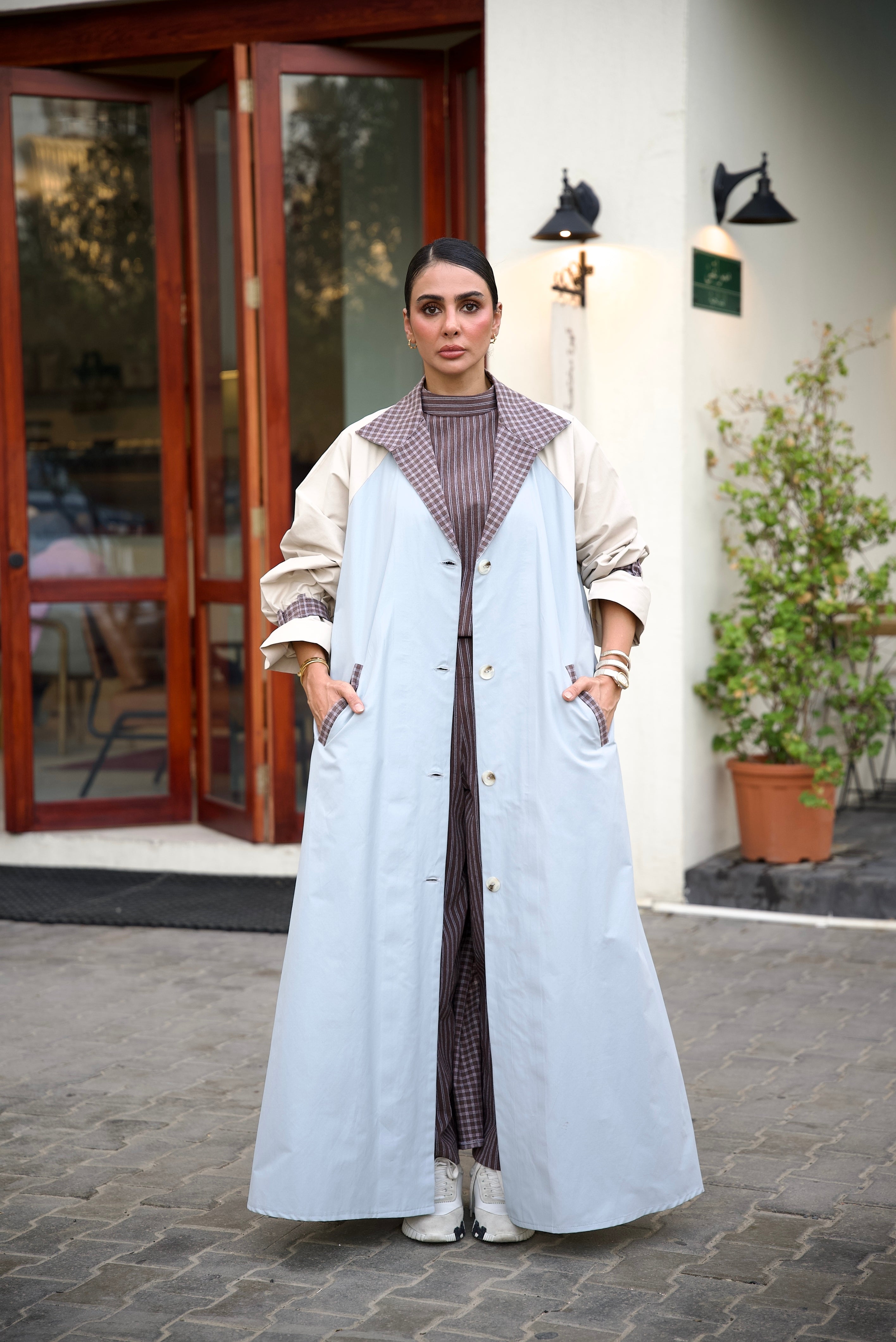 Sky Blue & Beige Trench Coat Abaya Set (FULL SET)-2021