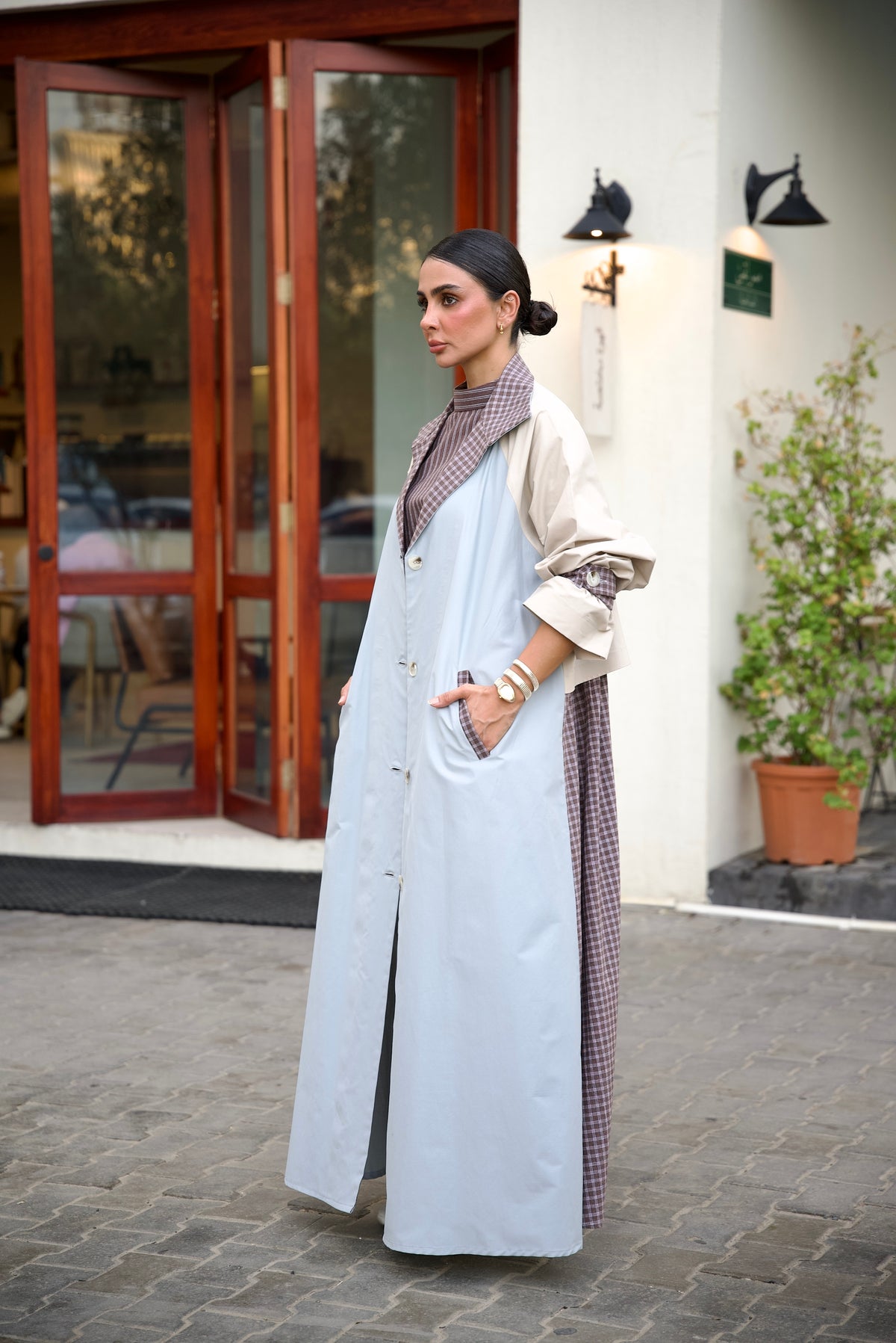 Sky Blue & Beige Trench Coat Abaya Set (FULL SET)-2021