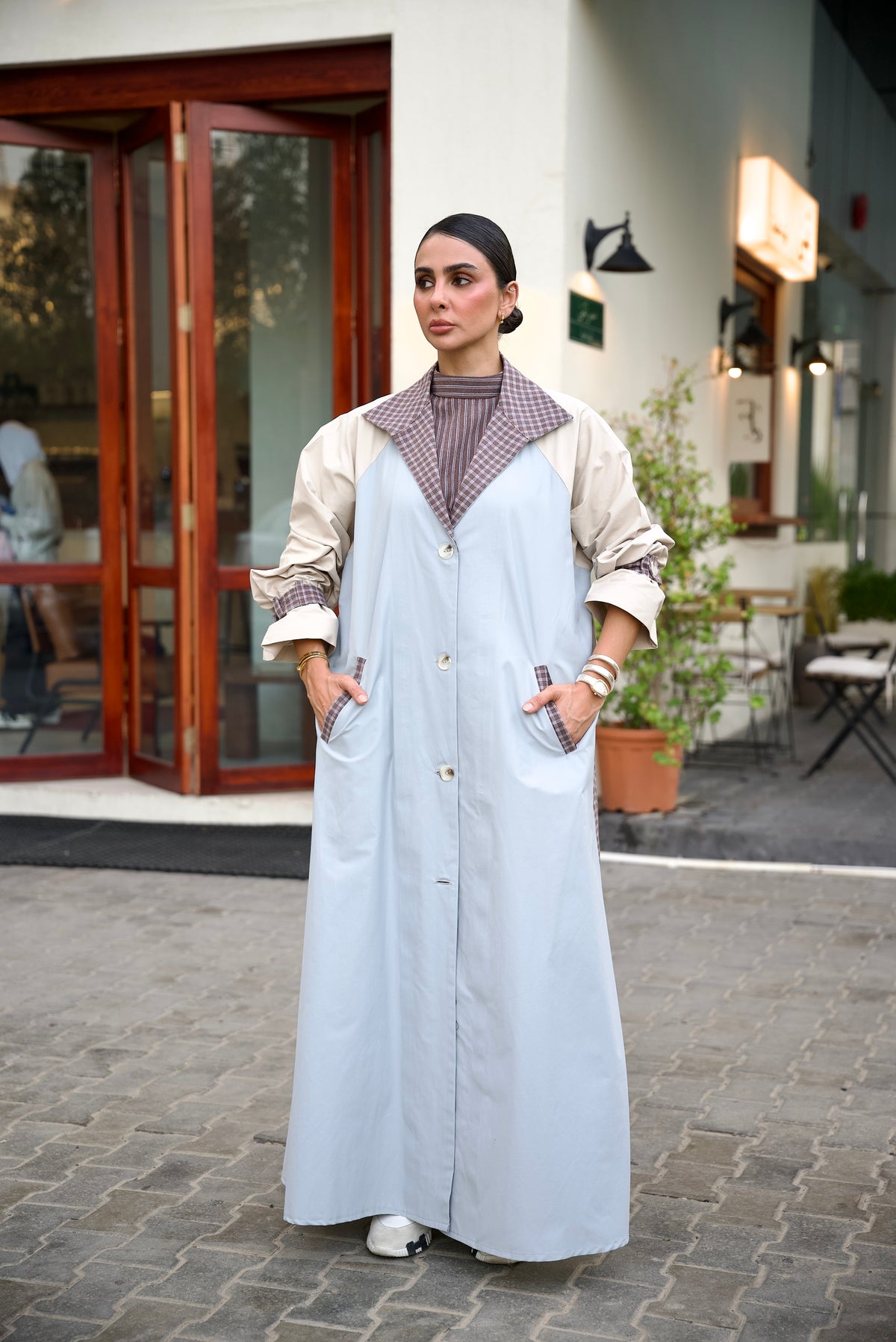 Sky Blue & Beige Trench Coat Abaya Set (FULL SET)-2021