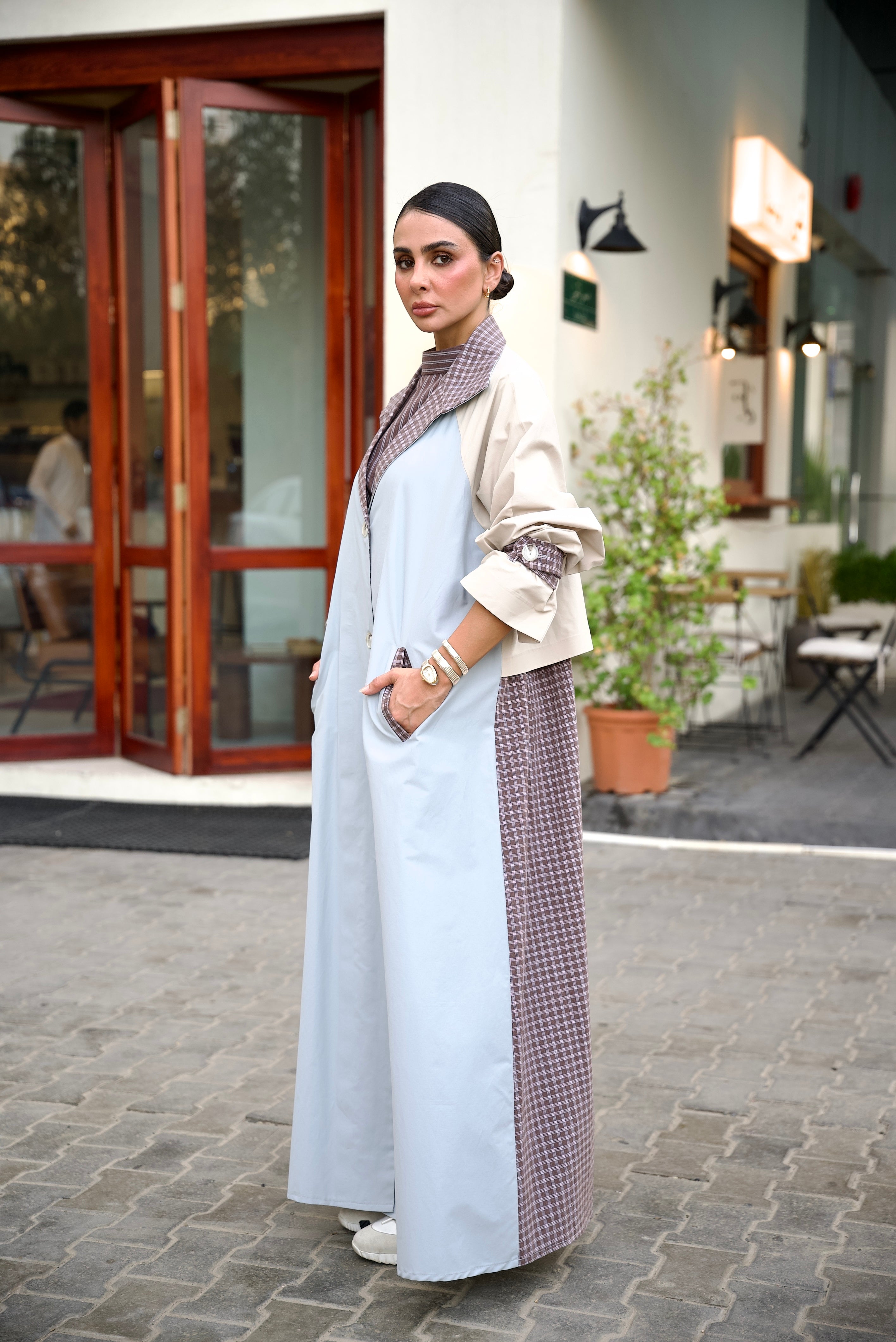 Sky Blue & Beige Trench Coat Abaya Set (FULL SET)-2021