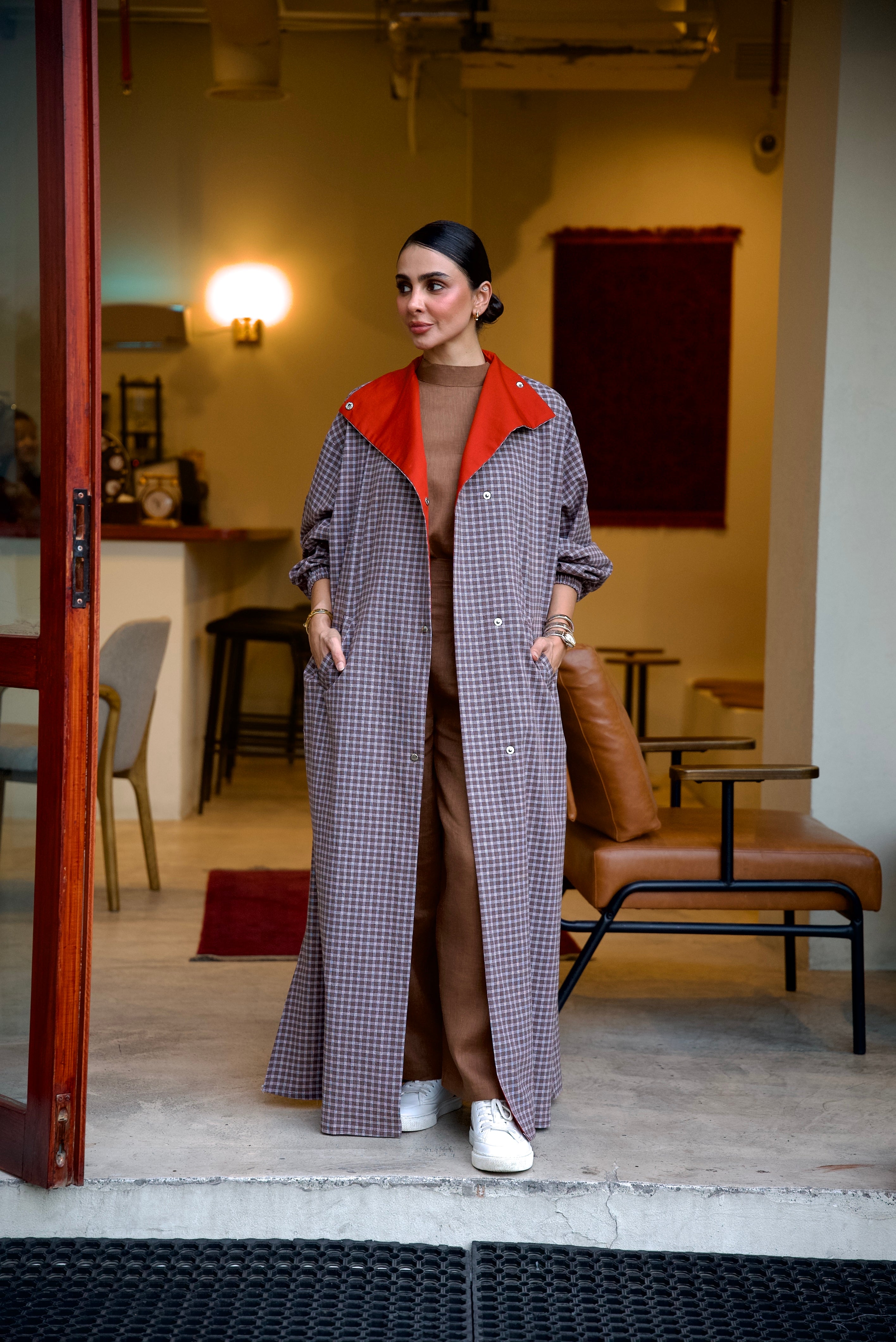 Brown Checkered Linen Abaya (Full set)– 2020
