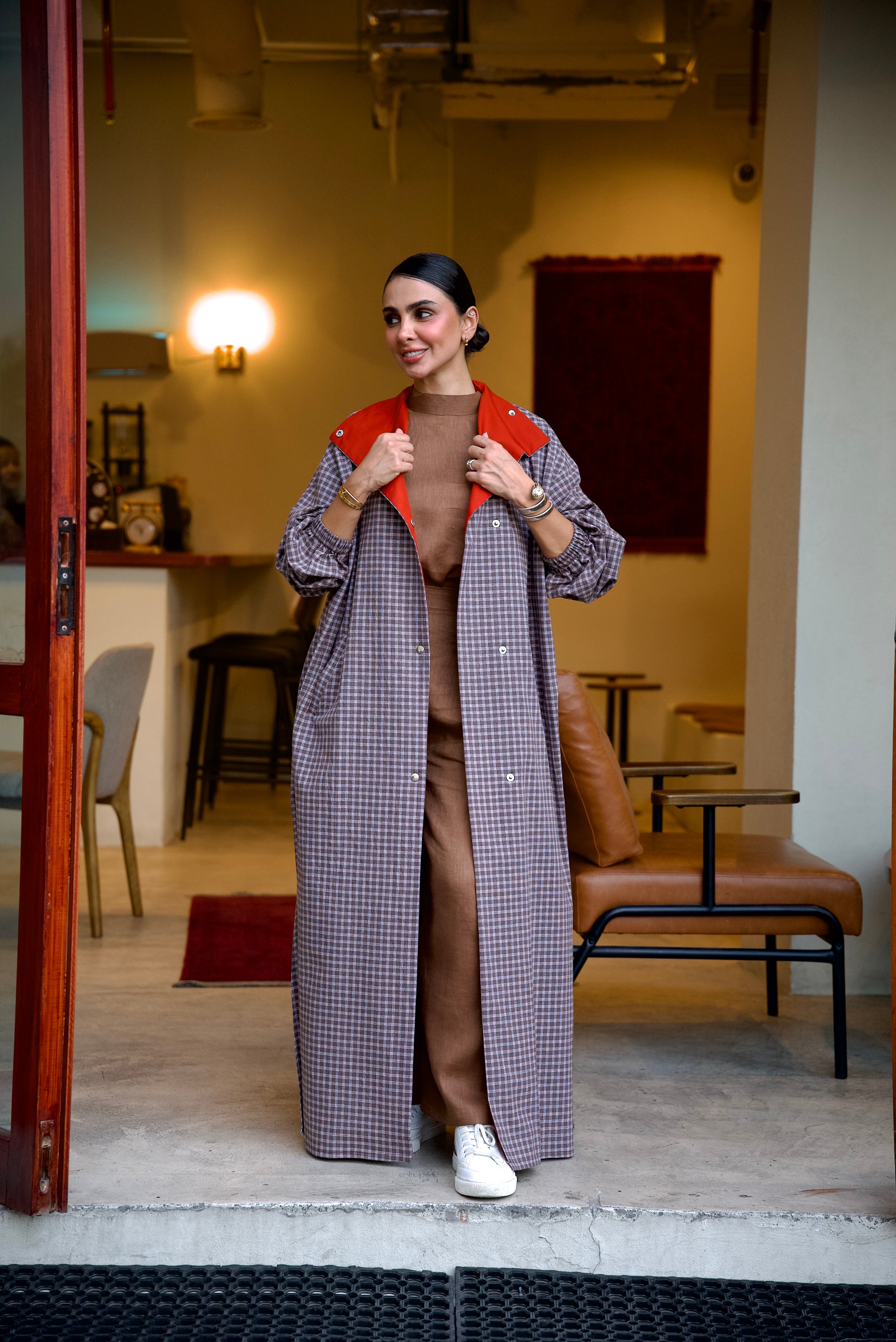 Brown Checkered Linen Abaya (Full set)– 2020