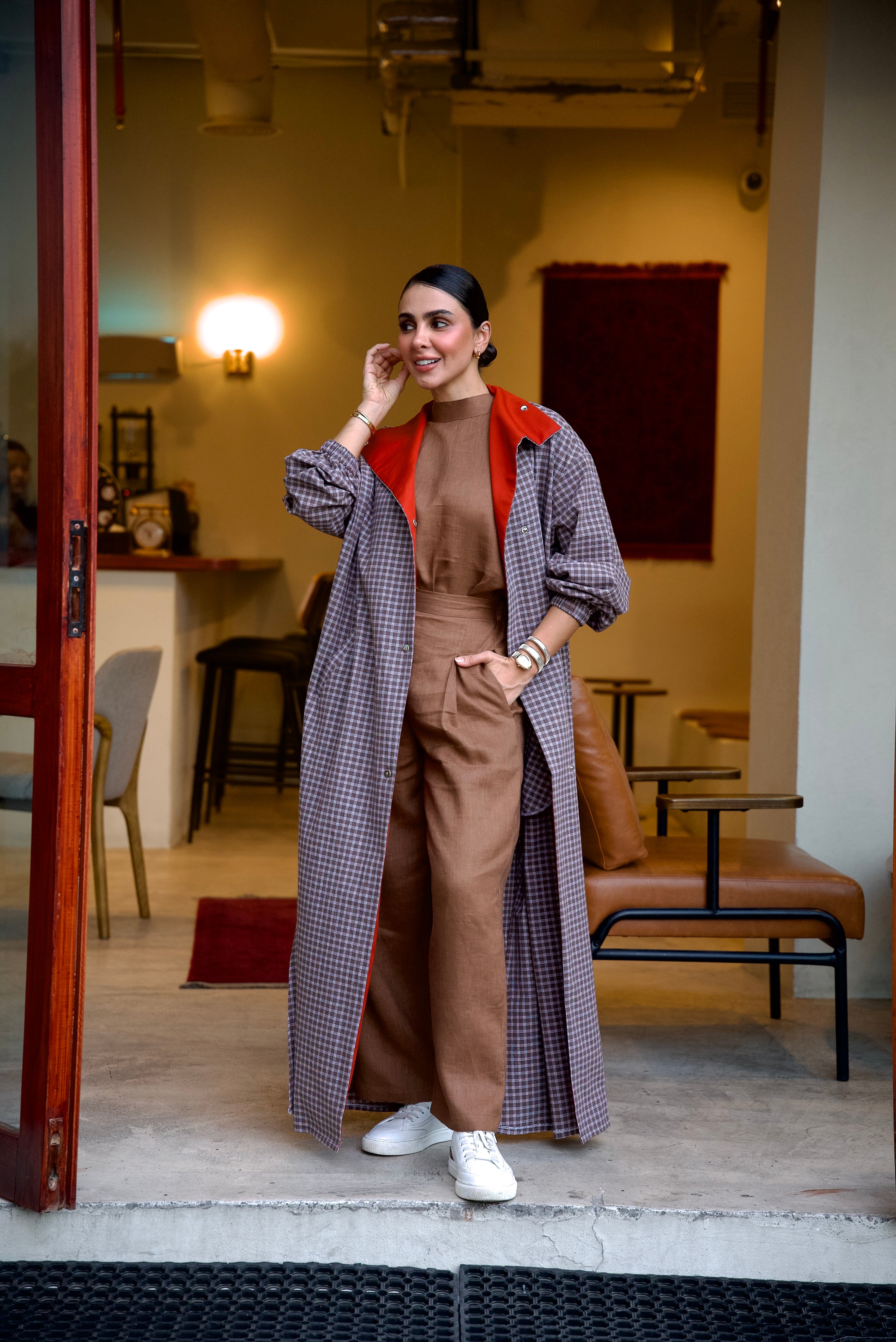 Brown Checkered Linen Abaya (Full set)– 2020