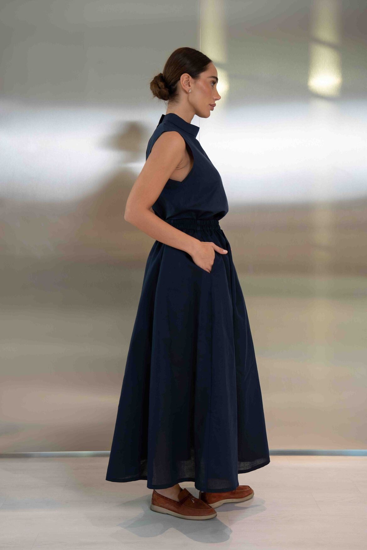 Navy Linen Blouse & Skirt Set – 2063
