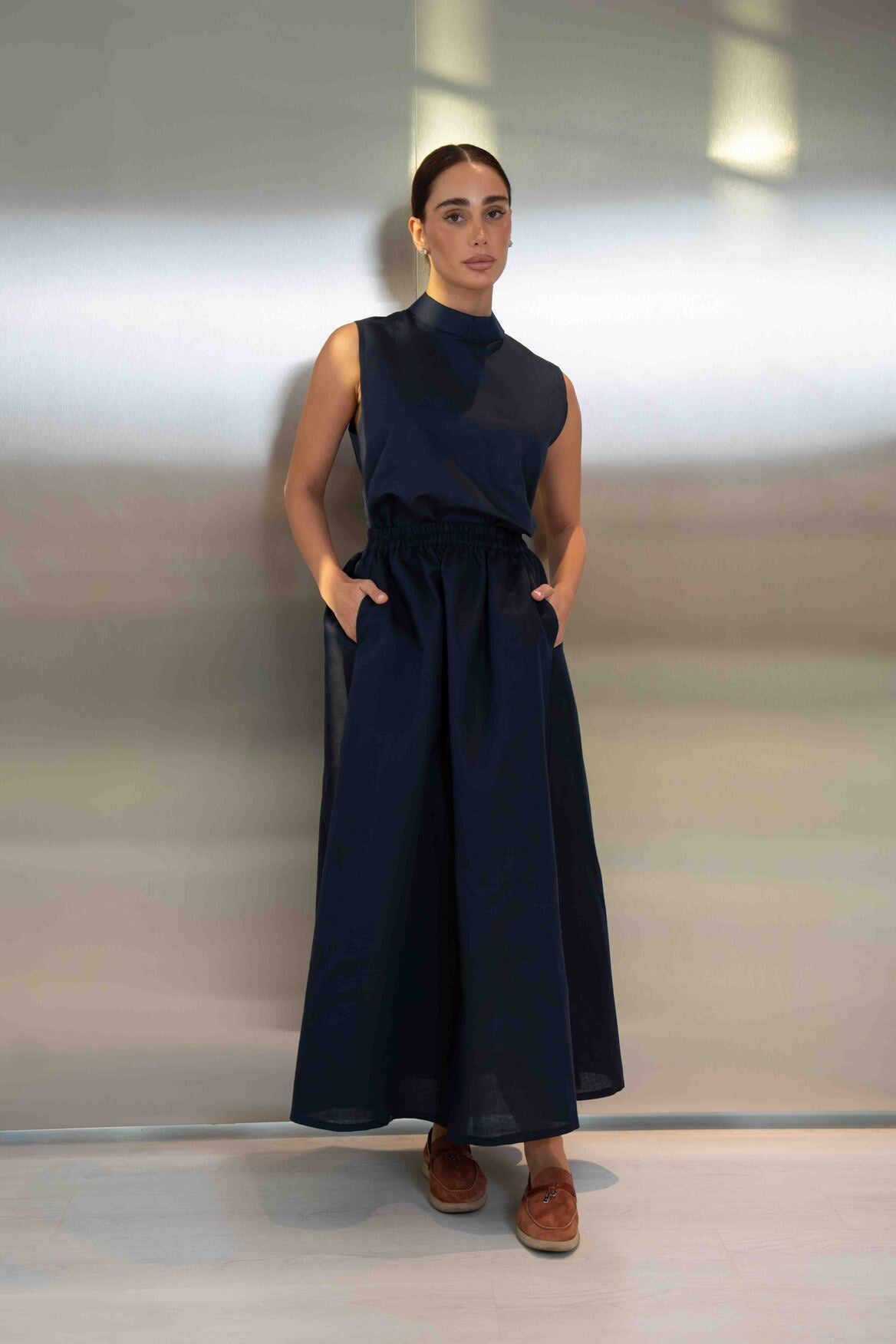 Navy Linen Blouse & Skirt Set – 2063