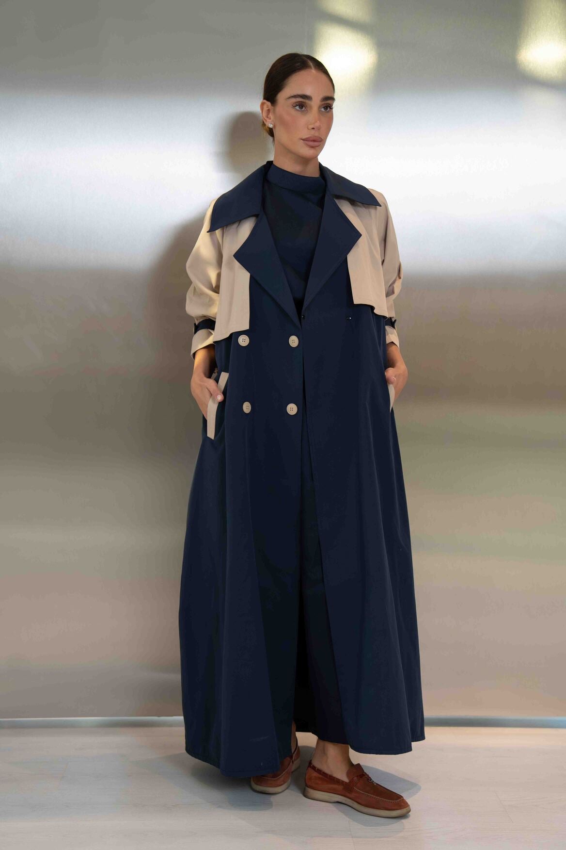 Navy & Beige Trench Coat Abaya - 2047