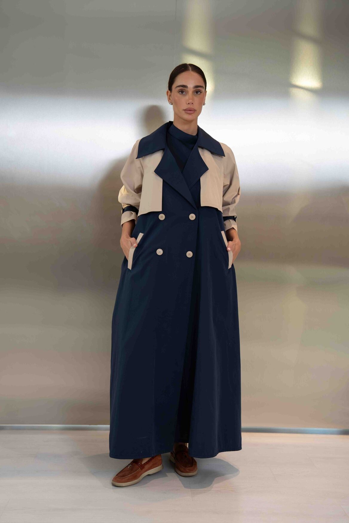 Navy & Beige Trench Coat Abaya - 2047