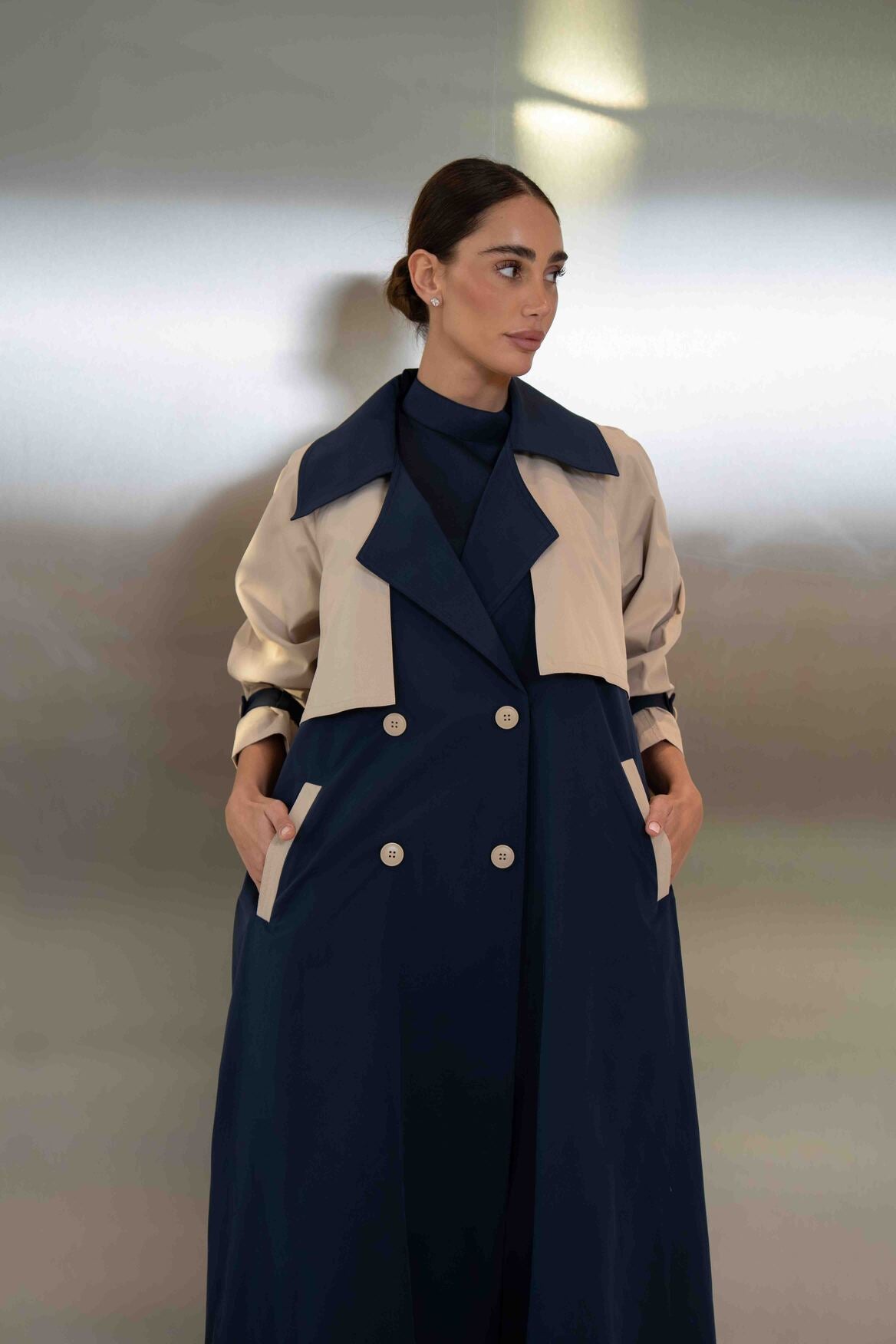 Navy & Beige Trench Coat Abaya - 2047