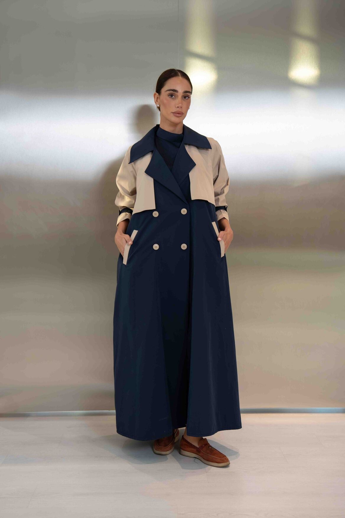 Navy & Beige Trench Coat Abaya - 2047