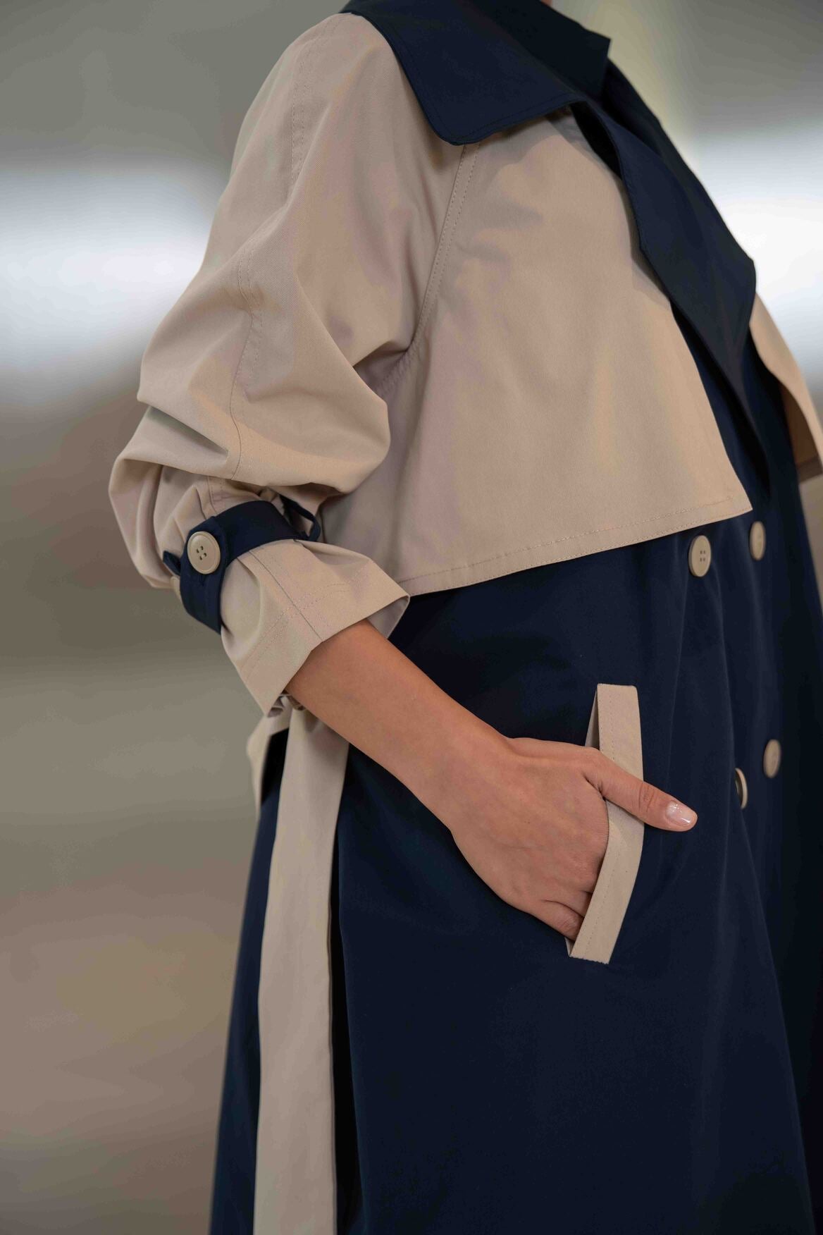Navy & Beige Trench Coat Abaya - 2047