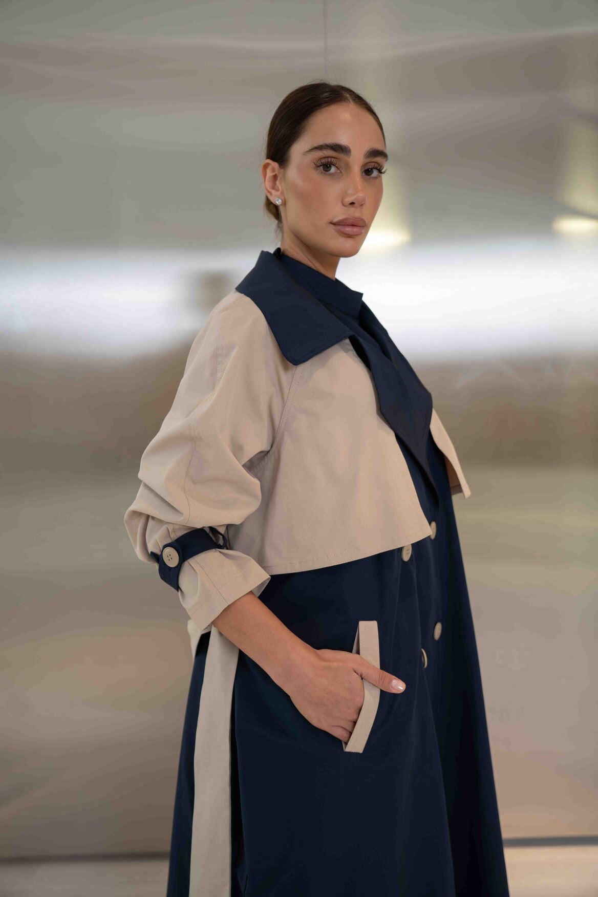 Navy & Beige Trench Coat Abaya - 2047