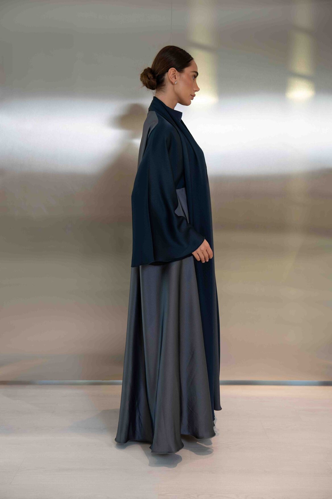 Navy & Grey Silk Crepe Abaya – 2051