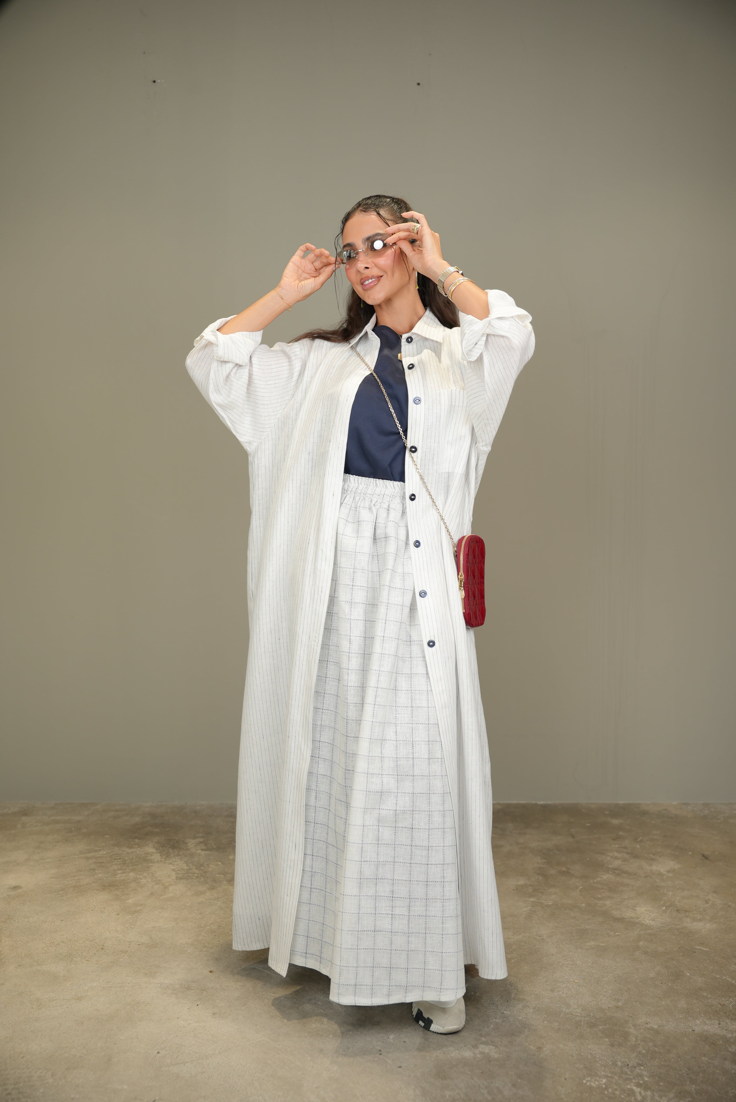 White Linen Abaya with navy Stripes-free size with inner set -1958