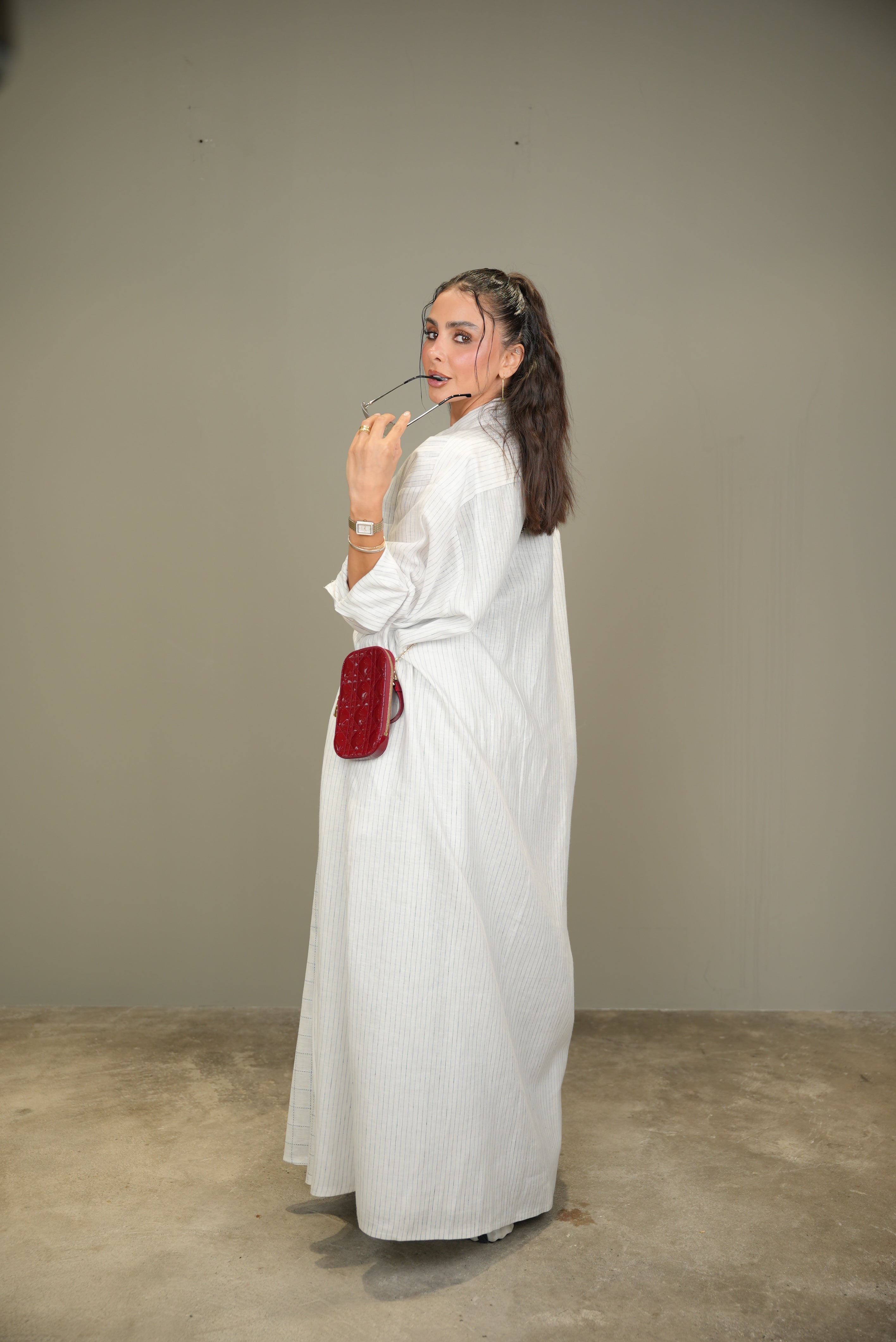 White Linen Abaya with navy Stripes-free size with inner set -1958